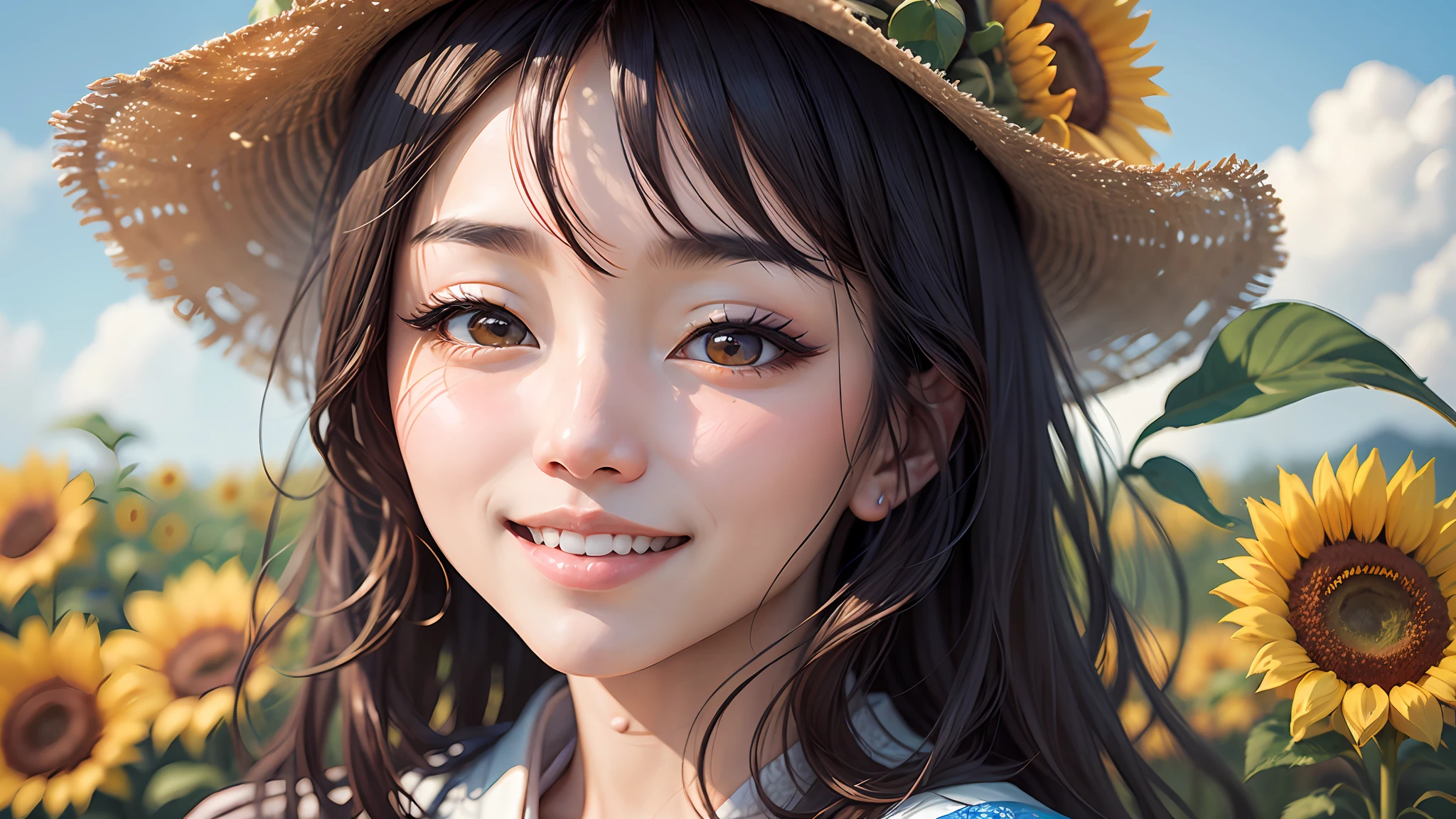 An enchanting portrait of a Japanese woman surrounded by sunflowers, her smile radiant as the blue sky serves as a captivating backdrop, Canon EOS R5, --auto --s2