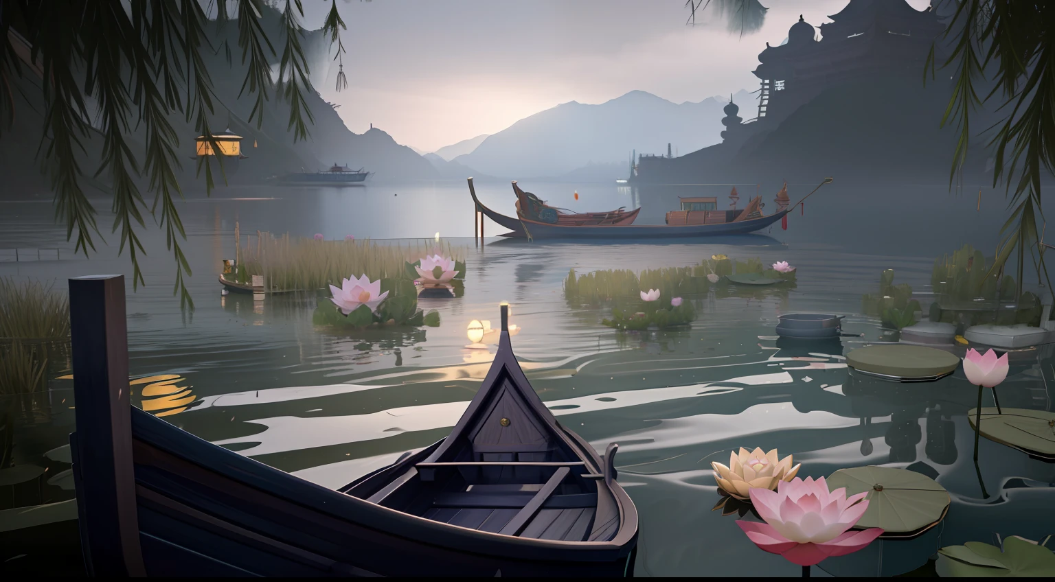 There was a boat parked in the water by the lake, rainy days. game render, realistic fantasy rendering, fantasy. gondola boat, quiet and serene atmosphere, Beautiful rendering of the Tang Dynasty, dreamy Chinese towns, 3 d render and matte painting, game art matte painting, akihiko yoshida. illusory engine, 3 d virtual landscape painting,Lotus pond