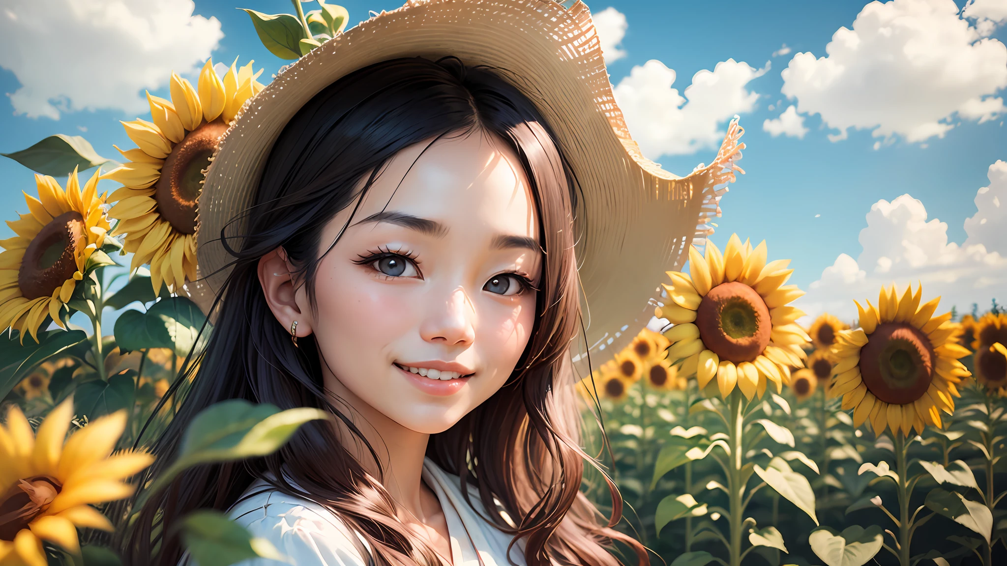 An enchanting portrait of a Japanese woman surrounded by sunflowers, her smile radiant as the blue sky serves as a captivating backdrop, Canon EOS R5, --auto --s2