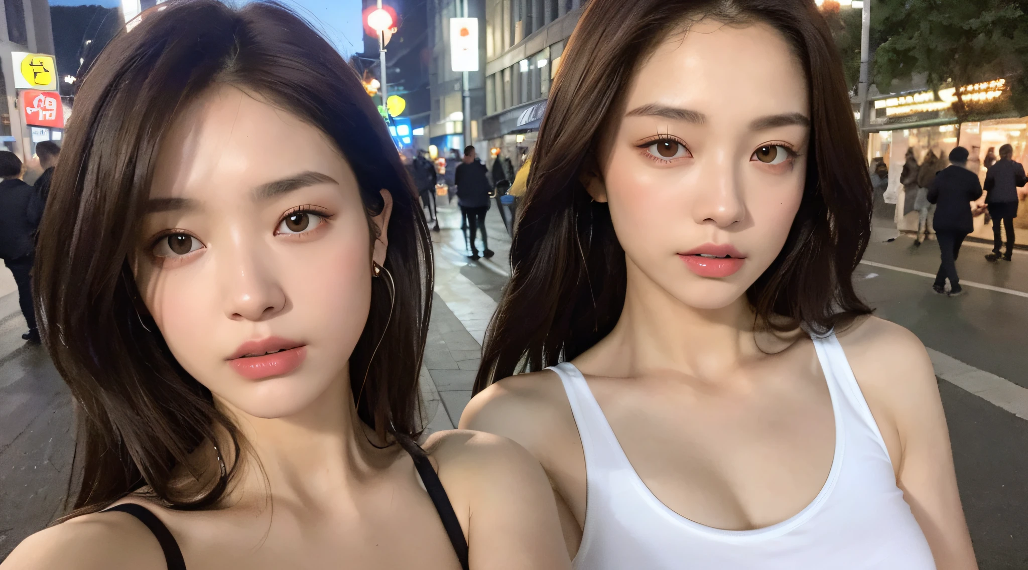 ((Realistic lighting, Best quality, 8K, Masterpiece: 1.3)), Clear focus: 1.2, 1girl, Perfect Figure: 1.4, Slim Abs: 1.1, ((Dark brown hair)), (White crop top: 1.4), (Outdoor, Night: 1.1), City streets, Super fine face, Fine eyes, Double eyelids,