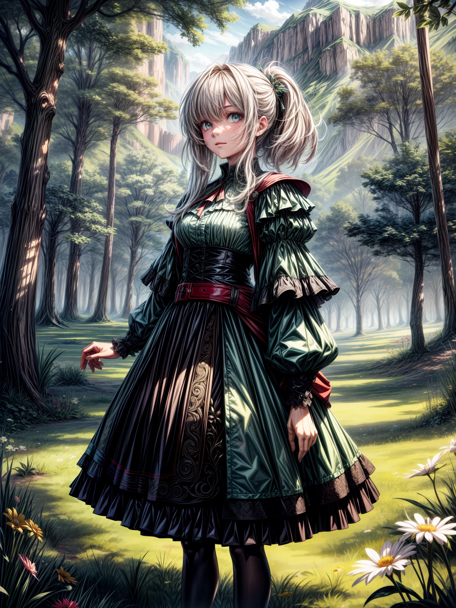 In a green meadow stands a girl leading a group of knights.
BREAK
With a brave expression, she guides them towards their destination.
BREAK
Behind her, a green forest stretches out and beyond that, mountains rise in the distance.
BREAK
The most suitable effect for this scene would be a watercolor painting technique to capture the softness of the meadow and the fluidity of the movement.