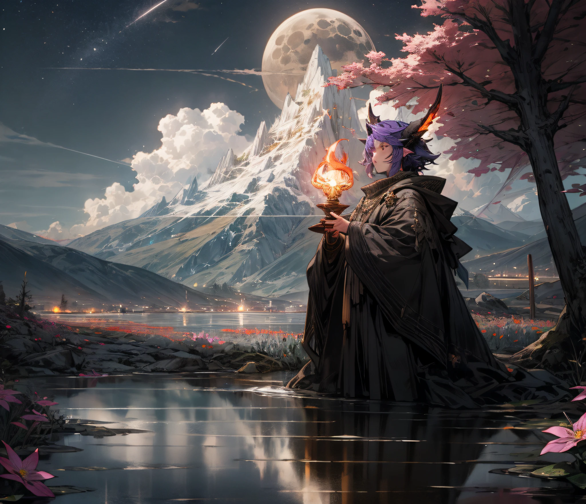 Expansive landscape photograph，（look from down，Above is the sky，In the middle is a star，Open water below），A beast-eared girl stood on the surface of the water and looked up，Flowers on the surface of the water（moon full：1.2），（meteors：0.9），（Starcloud：1.3），Far Mountain, Tree BREAK making art，（Warm light source：1.2），（glowworm：1.2），Fire，Lots of purple and orange，Complicated details，Volumetriclighting，Realism BREAK（tmasterpiece：1.2），（best qualtiy），4K，Ultra-detailed，（dynamic compositions：1.4），The is very detailed，Colorful details，（Irridescent color：1.2），（luminouslighting，Atmospheric lighting），dream magical，magical，（独奏：1.2)