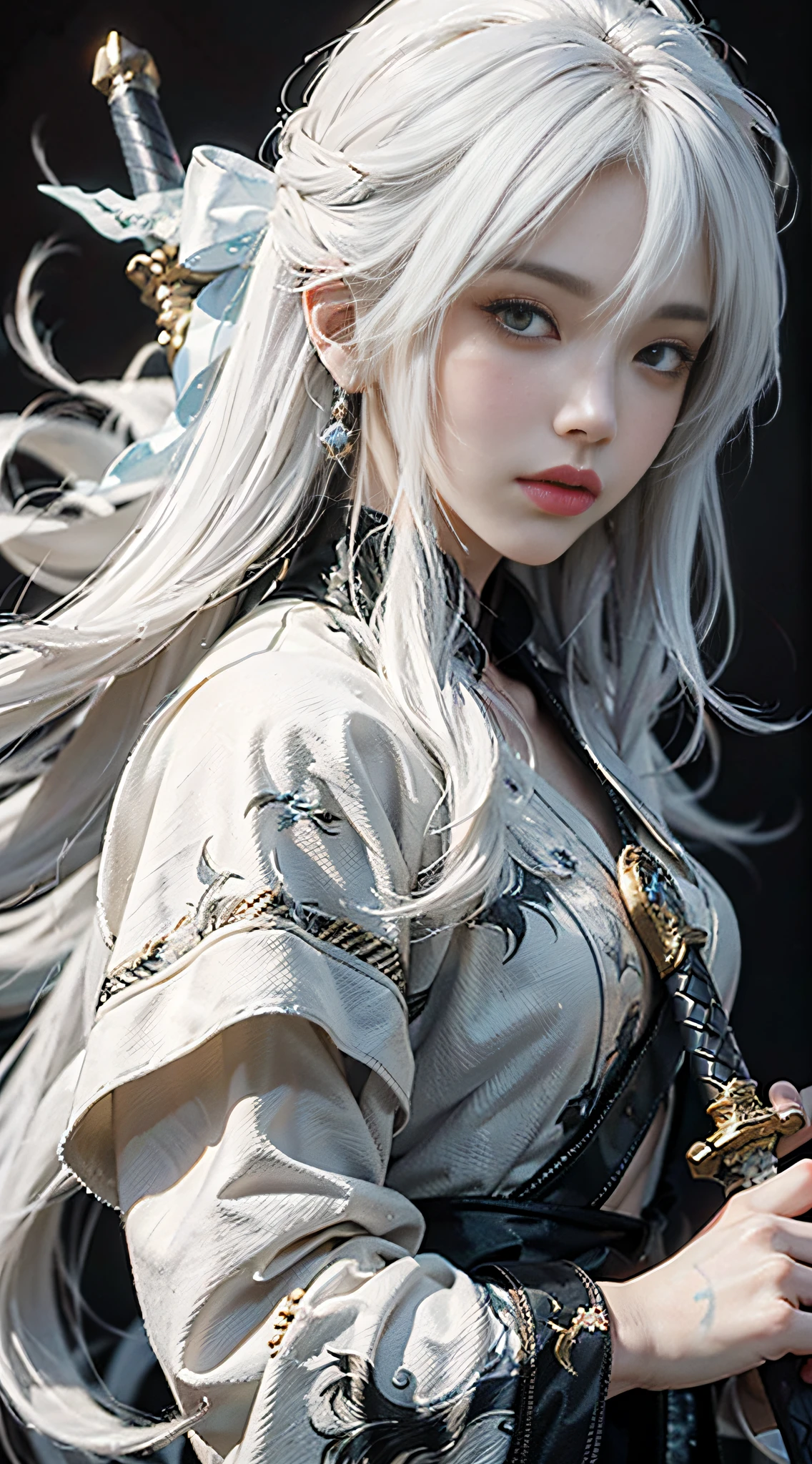 a close up of a person with white hair and a sword, white haired deity, with white long hair, with long white hair, artwork in the style of guweiz, white haired, guweiz, handsome guy in demon slayer art, beautiful character painting, by Yang J, white-haired, guweiz on pixiv artstation, anime character