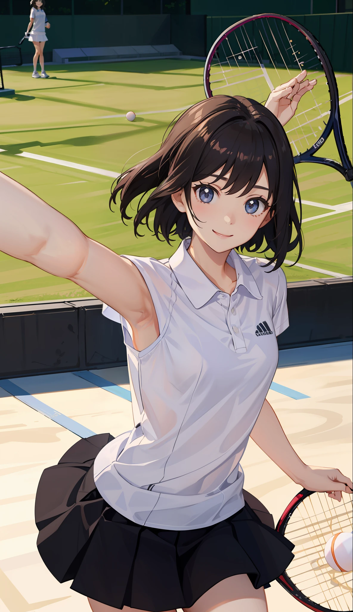 1The girls、Shirts、pleatedskirt、17 age、Bob Hair Style、A smile、A delightful!、japanes、enmaided、Chromo-white skin、Beautiful eyes、(small tits)、Playing tennis、Wimbledon、Wearing white tennis wear、电影灯光、Upper body portrait、