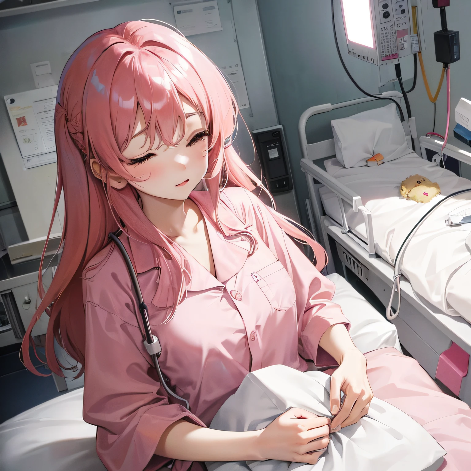 A young girl in a hospital gown，Long pink hair hanging loosely，Lie on the bed in the ward with your eyes closed，Peripheral medical equipment，The picture shows the hospital rescue scene。