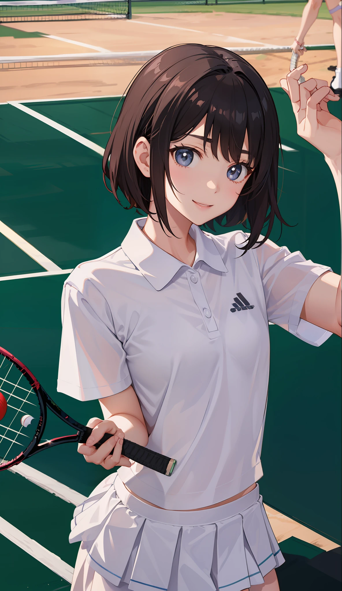 １The girls、Shirts、pleatedskirt、17 age、Bob Hair Style、A smile、A delightful!、japanes、enmaided、Chromo-white skin、Beautiful eyes、（small tits）、Playing tennis、Wimbledon、Wearing white tennis wear、电影灯光、Upper body portrait、