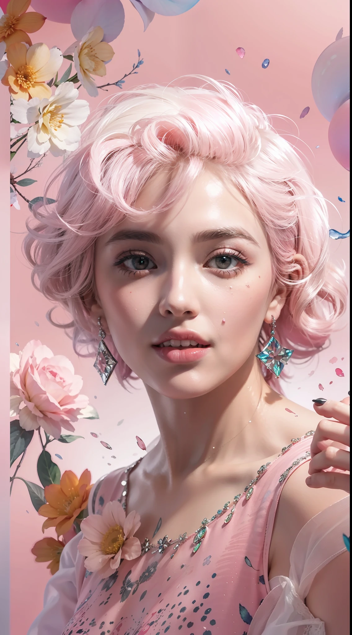 Marilyn Monroe stechu,(Pink background:1.4), off shoulder, ((tachi-e)), original,(illustration:1.1),(best quality),(masterpiece:1.1),(extremely detailed CG unity 8k wallpaper:1.1), (colorful:0.9),(panorama shot:1.4),(solo:1.2), (ink splashing),(color splashing),((watercolor)), clear sharp focus,{ 1girl standing },,flower background,outdoors,rocks, looking at viewer, make happy expressions,soft smile,pure,beautyfull detailed face and eyes,beautyfull intricacy clothing decorative pattern details, black hair,black eyes,colorwater
