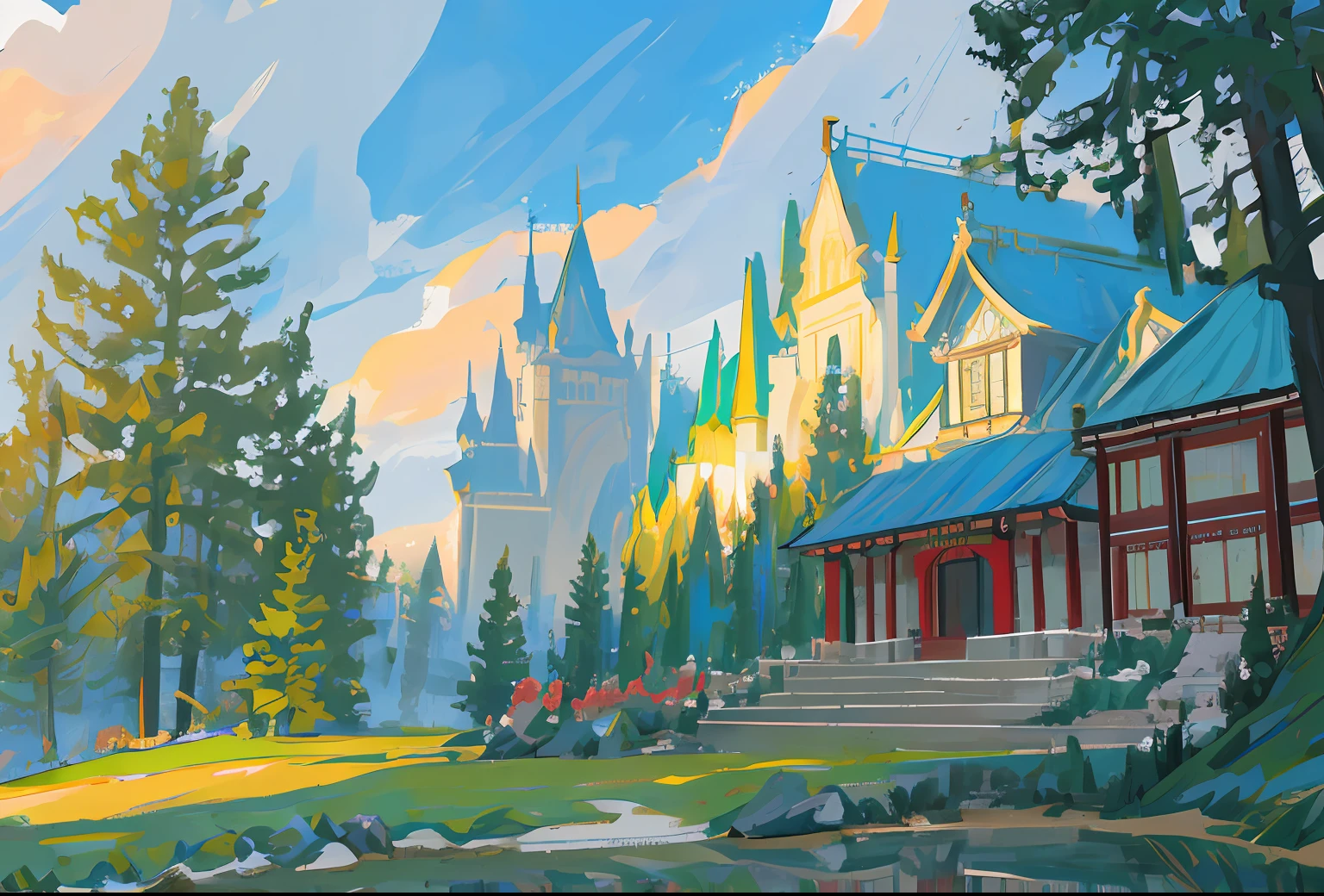 (Masterpiece),(Best quality:1.0), (超高分辨率:1.0), Detailed illustration, dream on, forest, Detailed sky, (Mysterious huge castle)