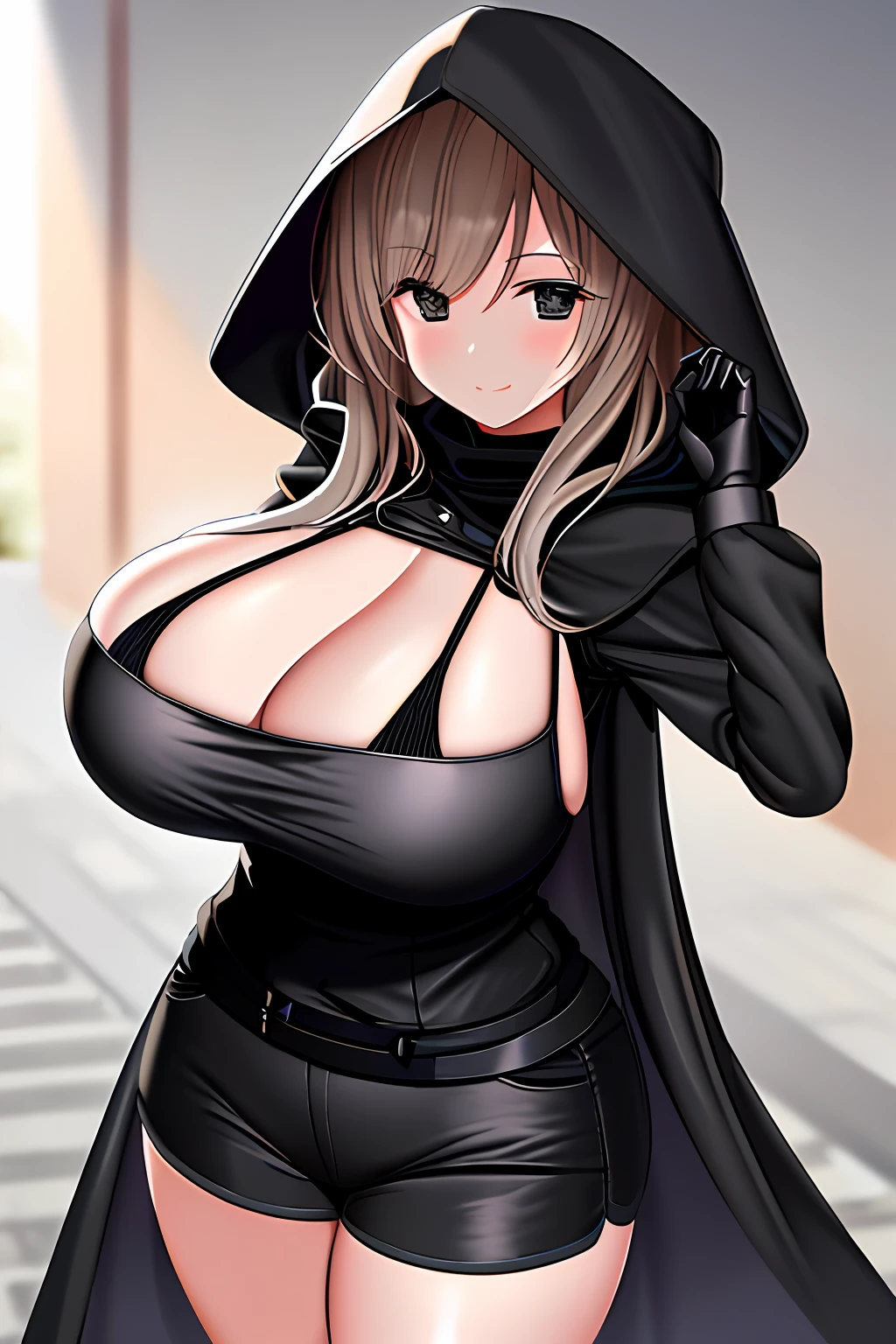 (Background with:In the alley),tmasterpiece,(expressioness:Affectionate smile), 1girll, a mature female, Best quality at best, (:0.2), (gigantic cleavage breasts:1.0),(curves:0.8), Caustics,Long black hair hung loosely, Black eyes, Short black vest, Black skinny shorts,Exposing the abdomen,big breasts thin waist,Black hooded trench coat,With a black cape,Bring a black hood,A sexy pose