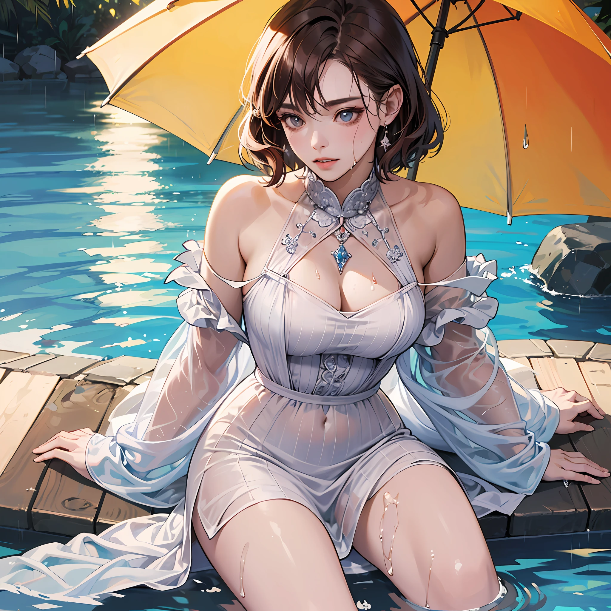 (top-quality、8k、masterpiece:1.3)、Beautuful Women、A hyper-realistic、1girl in、(droopy chest、attractive bodies:1.2)、short red hair:1.1、(Wet in the rain、Wet with rain、a wet body:1.2)、hyperdetailed face、detailed lips、A detailed eye、二重まぶた、sensual low-neck dress、open neckline、hanging breasted、side pose、Visible curves、poolparty、in poolside、silver transparent mantle、Lunette de soleil --auto