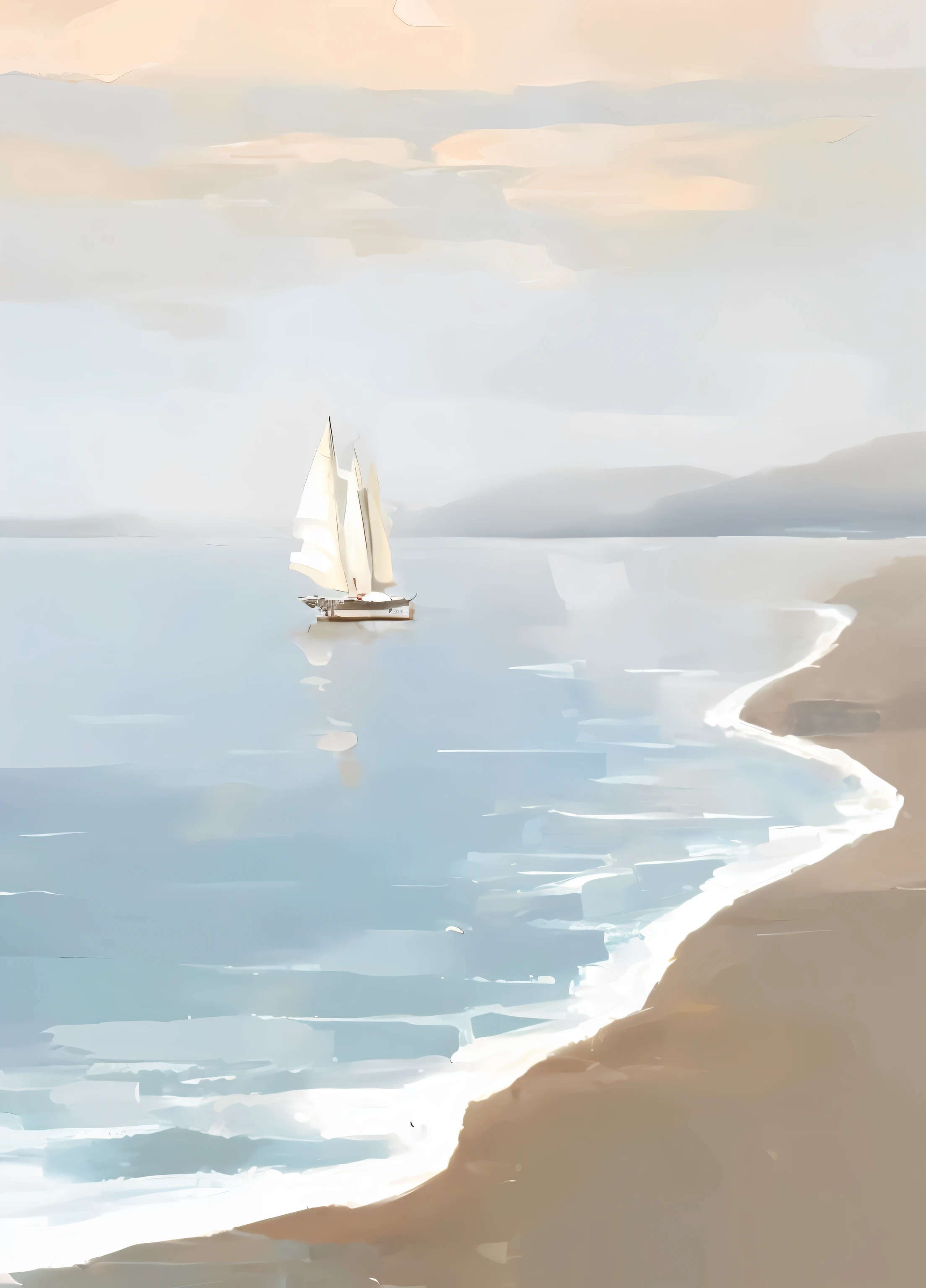 There is a sailing ship sailing on the shore, An oil painting, sail boat on the background, OilPaintStyle, Sail ships, digital oil on canvas, Sail, calm seas