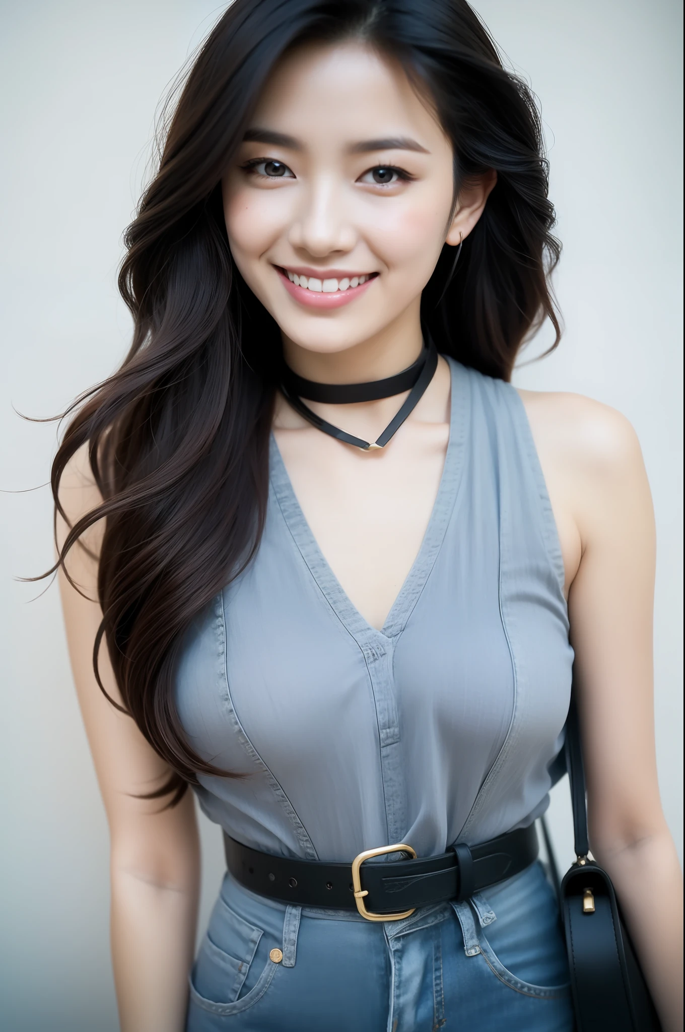 a smile,[art by Boris Vallejo, (art by Boris Vallejo:0.7)::13], Photo of a behance, Beautiful Korean kpop idol Woman, Potter, Bracelet, Belt bag, Collar, Mecha background, Film grain, sony a7, Depth of field 270mm