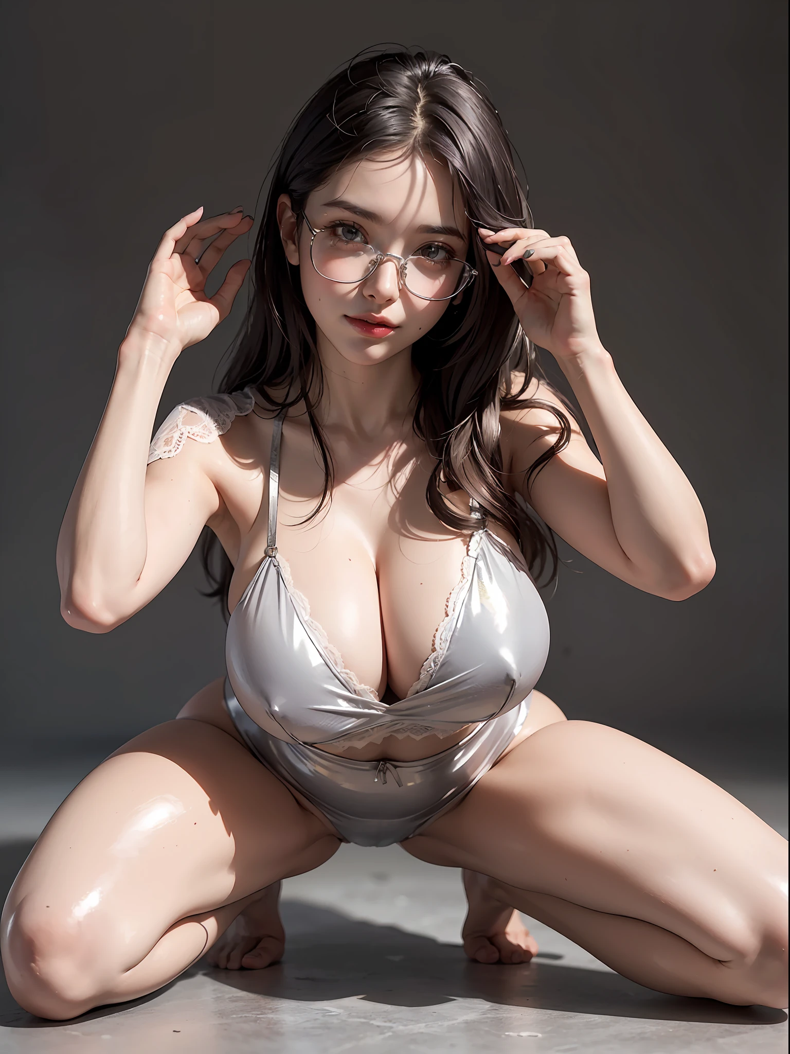 -yeld giTransparent lace, huge tit, Lower body tightening, Simple background, skin tight, cuteexpression ,Masterpiece,(Best quality,(Shiny skin),realisticlying,raised head,legs separated,kneeling down,spreads her legs apart,Silver glasses,busty figure,Raise your hands high,near,ssmile