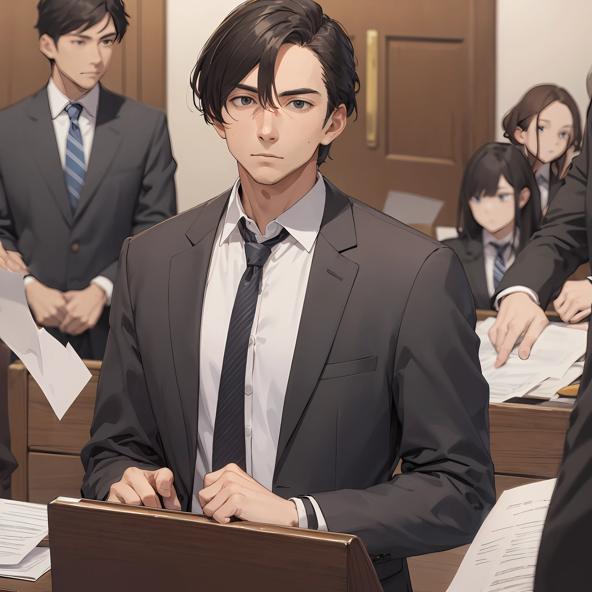A handsome man，Lawyer，Clear facial features，formal outfit，Preserve documents，Serious expressions，The background is the courtroom