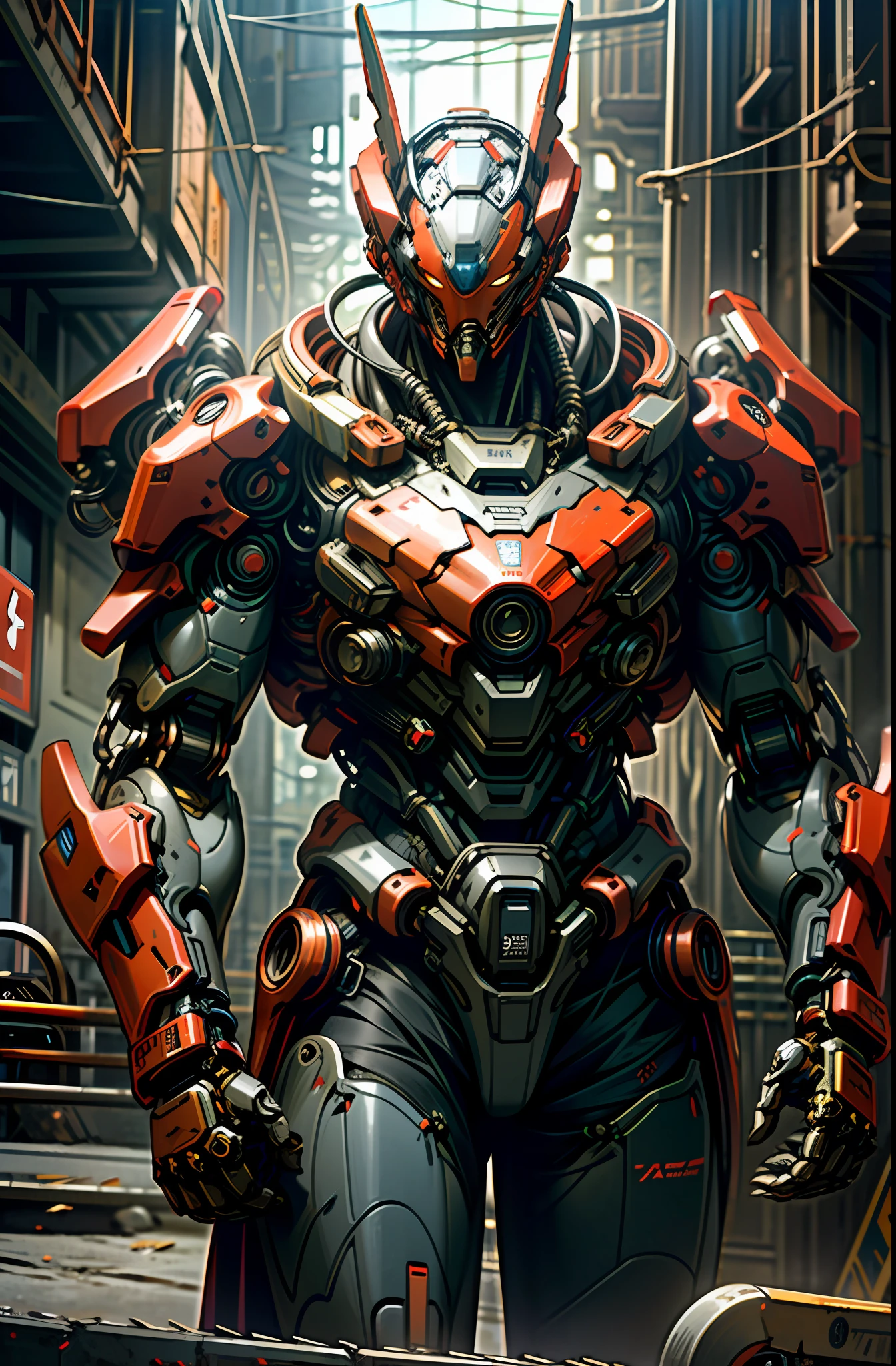 Dark_Fantasy,Cyberpunk,(chain saw,chain saw man,Red:1.1),1man,Mechanical marvel,Robotic presence,Cybernetic guardian, wearing a worn-out mech suit, intricate, (steel metal [rusty]), elegant, clear focus, shot by greg rutkowski, soft lighting, vibrant colors, masterpiece, ((street)), cowboy shot, dynamic pose,