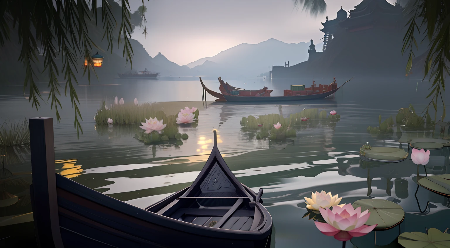 There is a boat parked in the water by the lake, Rainy days. game render, Realistic fantasy rendering, fantasy. gondola boat, quiet and serene atmosphere, Beautiful rendering of the Tang Dynasty, dreamy Chinese towns, 3 d render and matte painting, game art matte painting, akihiko yoshida. illusory engine, 3 d virtual landscape painting,Lotus pond