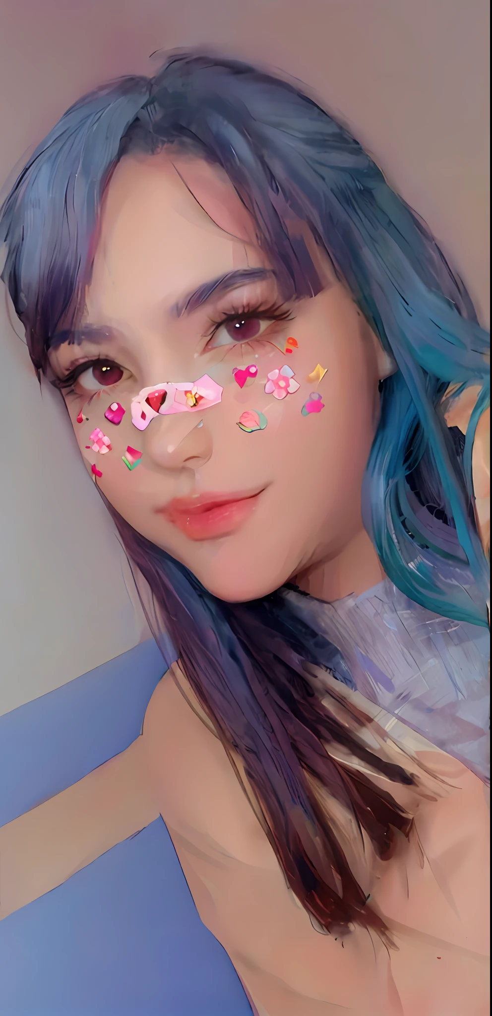 a close up of a woman with blue hair and a pink nose, with blue hair, pretty girl with blue hair, very very low quality picture, anime vibes, girl with blue hair, beautiful blue haired girl, decora inspired, cute colorful adorable, pink and blue hair, very very low quality, profile image, 🤤 girl portrait, colored photo, blue and pink