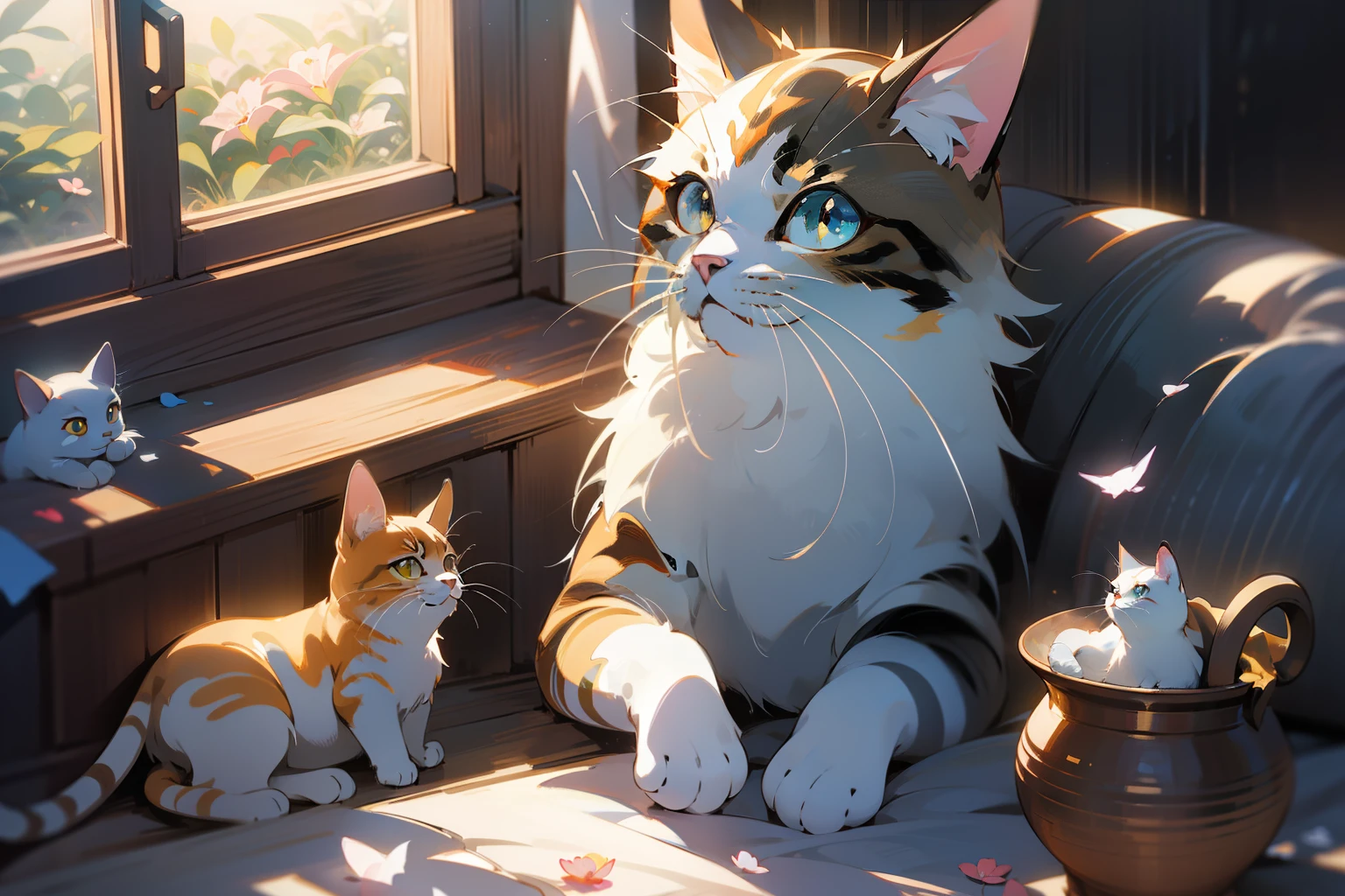 Cute cat，Go to bed， Hayao Miyazaki dream style， Surrealist animal illustration， Bow knot，fresh flowers，janelas，Skysky，Meiji art， Light color color painting， Rich layers， Realistic figurative painting， Realistic hyper-detailed portrait style， neo-traditional japan， Soft edges， Fantastic illustration，（Very detailed CG unity 8k wallpaper）， clean backdrop， natural soft light， best qualtiy， hyper-detailing， arte 3D， c4d， blender， OC renderer， a 3D render， 8k