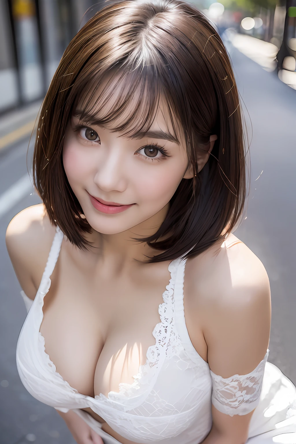 (8K, 超A high resolution, Best Quality, masutepiece:1.2),(24 year old:1.2)、(huge smile)、(Look away)、8K、RAW portrait of japanese girl、超A high resolution、top-quality、 (huge-breasted, breasts deep cleavage:1.5),(Tight white t-shirt、Big white tight lace skirt with slit,:1.6)、(Quite low angle:1.2)、(hand on the breasts、Open the inseam wide:1.5)、(In the street:1.4) BREAK (Natural Skin Texture、Detailed skin、Hyper-Realism、ultra sharpness)、intricate detailes、depth of fields、hposing Gravure Idol、actress、Fashion Model Pose、adult lady、爆乳、Long Short Bob、Beautiful butt、voluptuous breasts、((​masterpiece、top-quality、high-detail))、(女の子1人)、(Photorealsitic:1.4)、独奏、closes mouth、Happy smile、Smile happily、pretty black hair、big eye、Distinct double eyelids、Lashes、Put your ears out、long neck、Absolute area、Clean collarbone、face perfect、Tear mole、Mole on chest、bangss、Clean bangs、Beautiful bangs、thin lips、The face of the golden ratio、White-colored skin、large full breasts、a small face、Smaller face、Draw all the heads、Put all your shoulders out、Staring at the camera slightly upwards、(gazing at viewer、Highlights in the eyes、Light brown eyes、lipgloss)pin heels、Beautiful minions、(Fairly thin black stockings:1.2)