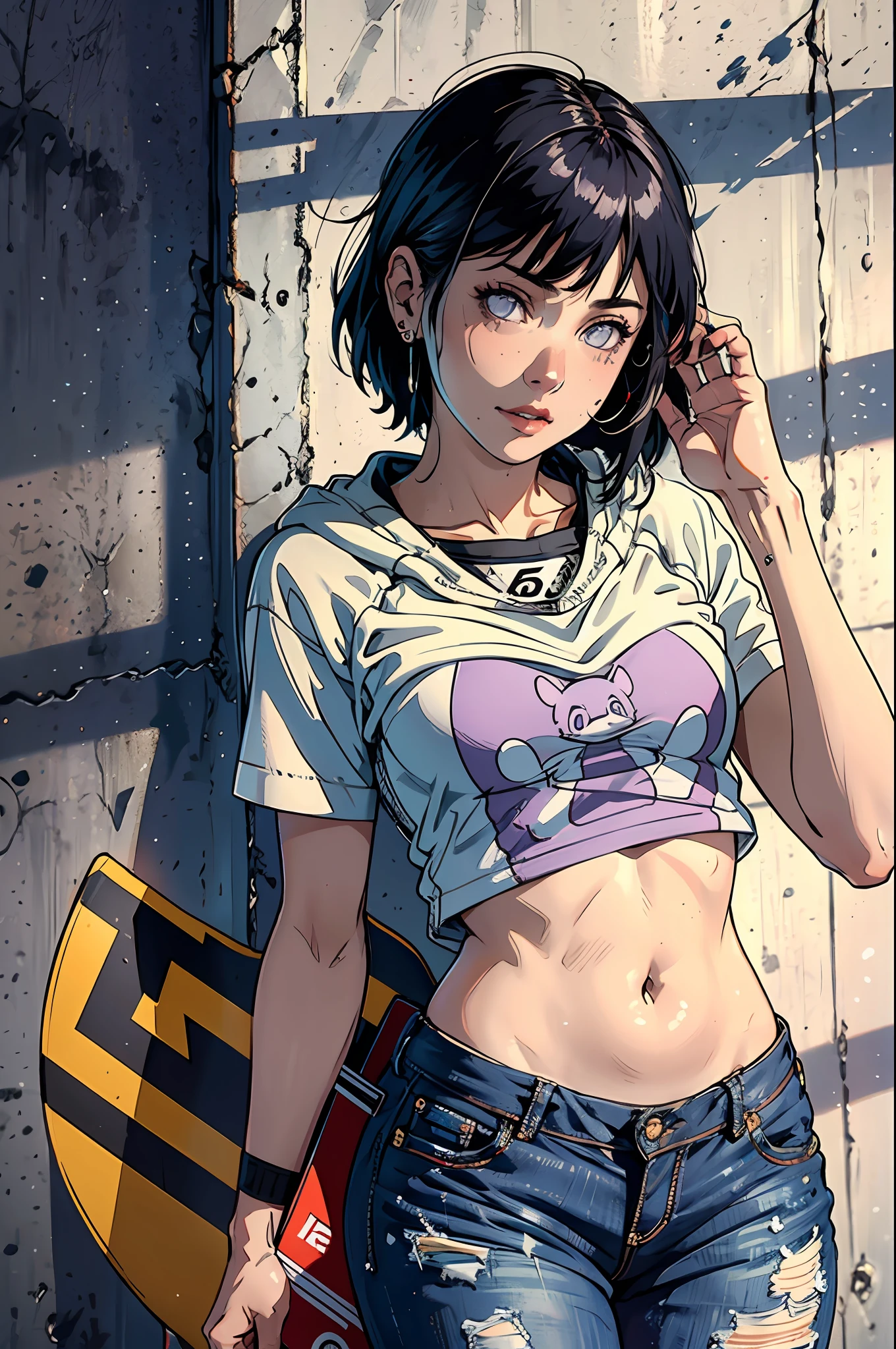 Hinata Hyuga, muito sensual, com roupas de skatista, brasileira, rio de janeiro, estilo hip hop, rebolando, bunda grande, pernas grossas, usando um short jeans curto, usando uma mini blusa, umbigo com piercing, sneakers Adidas, cabelo grande, with skateboard in hand, straight Ana cap, Speaker behind, muito realista, extremamente sexy, 8k, 8k extremamente detalhado), (um extremamente delicado e bonito), (obra-prima), (melhor qualidade: 1.0), (ultra highres:1.0)