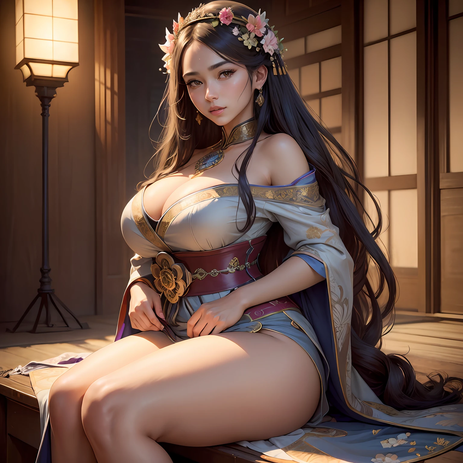 (Masterpiece, Best Quality:1.3), highres, Manga, cowboy shot, (ultra-detailed), highly detailed portrait of a beautiful queen, long hair, sitting, fetal_position, [upright], curvy, (1girl), ((lips)), (nose), ((long face)), mature female, blossom tree, seductive, elegant, stylish, sultry, sexy, grin, looking at viewer, (japanese clothes), laurel crown, (chiton:0.7), flowers, soft makeup, textured, patterned, cinematic, dynamic posture, wide shot, dramatic lighting:1.1, (gradients), nature, (perfect face), outline, sharp focus, warmth, light particles, (depth of field), (intricate details:1.2), (extremely detailed background), east asian architecture --auto