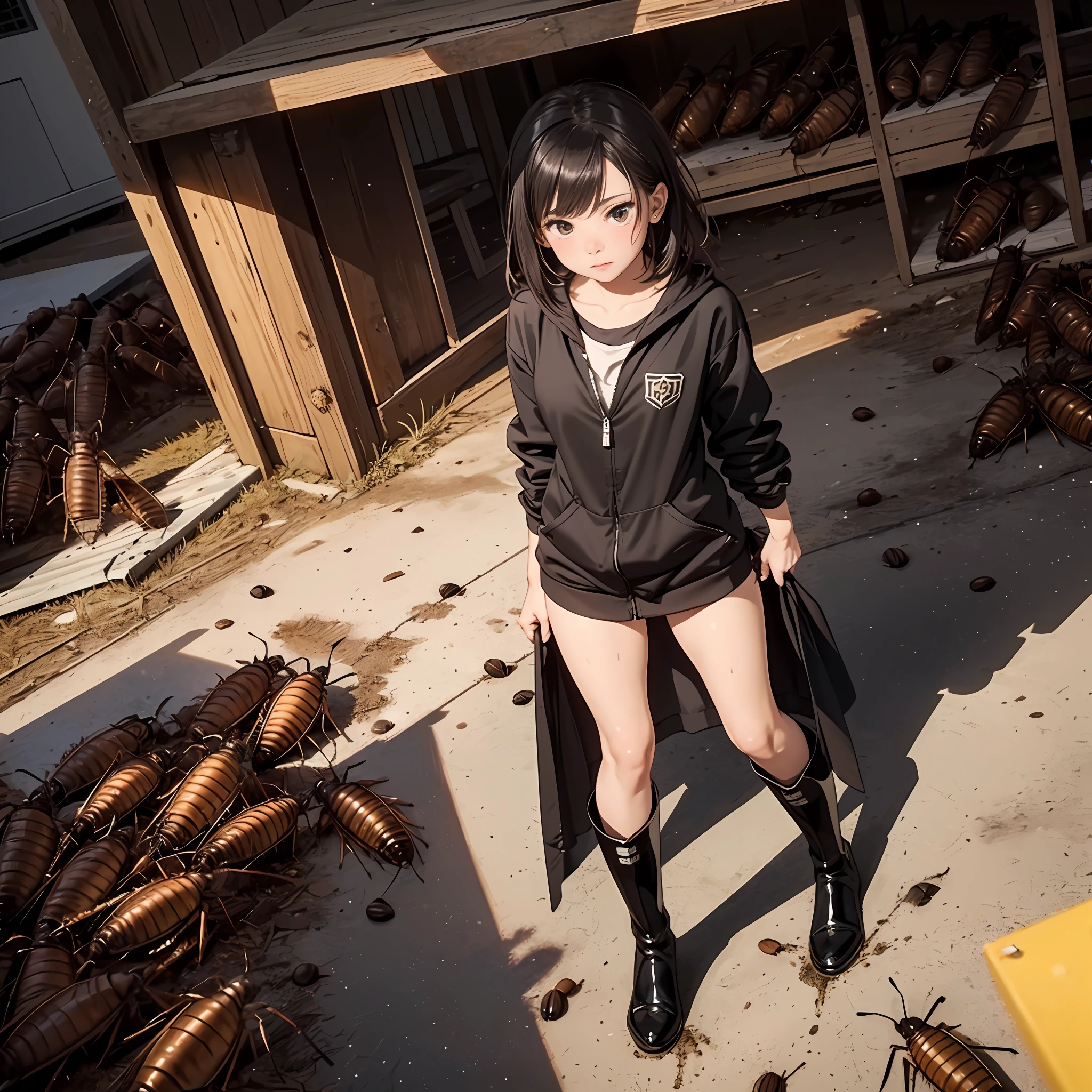 (High-quality depiction+Detailed description)、(Knee-length rubber riding boots+rubber+get dirty)、(trample+1 small cockroach)、(A large amount of small cockroaches on the floor+Mass scattering)、(a large amount of debris from cockroaches,+Yellowed liquid+Bathed in body fluids)、(Beautiful girl standing and chasing+bionde+Glaring)、(trample+Small cockroaches)(Chasing cockroaches)