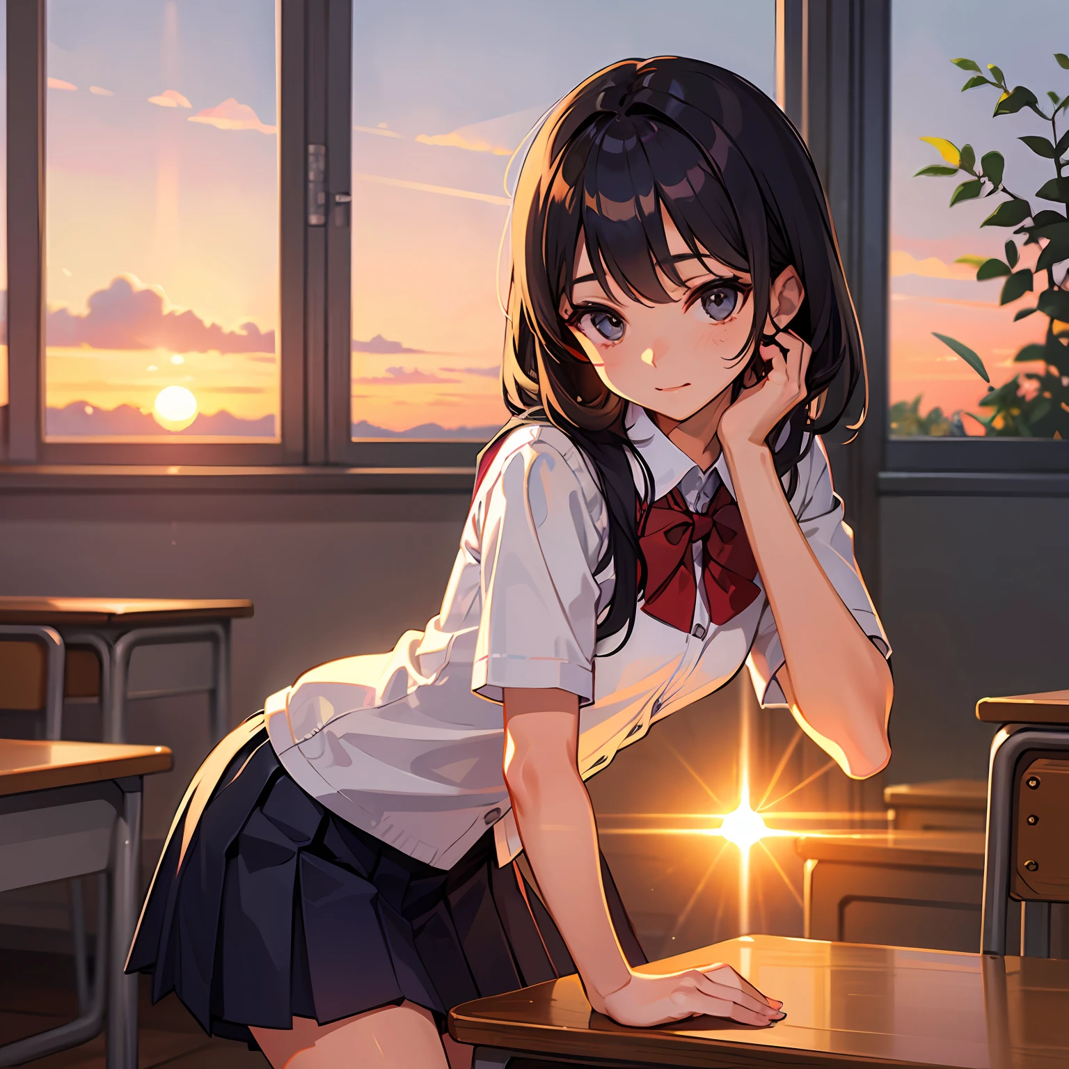 one-girl,in school uniform,in class room,sittinng on the desk,the setting sun --auto