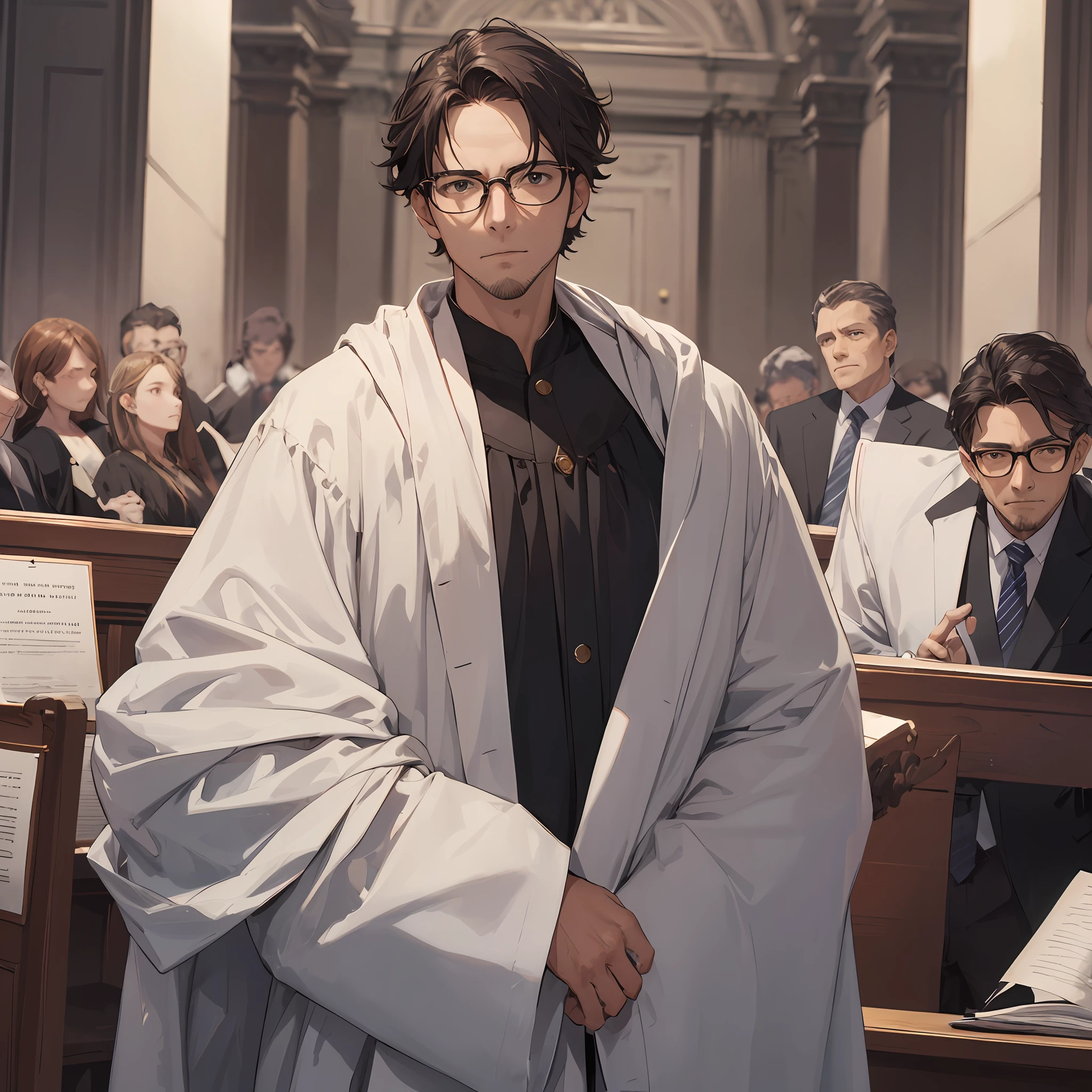 A handsome man,Clear facial features,Judge's robe,Wear glasses,sitted,The background is in court