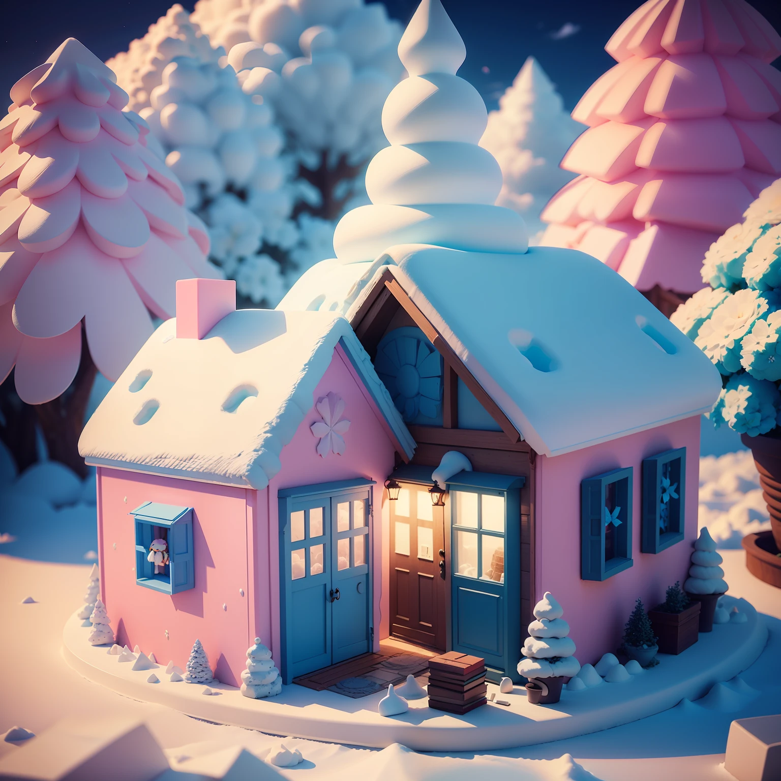 blue-sky，Clouds made of white marshmallows，Flower beds made of biscuits，3D style，C4D --auto