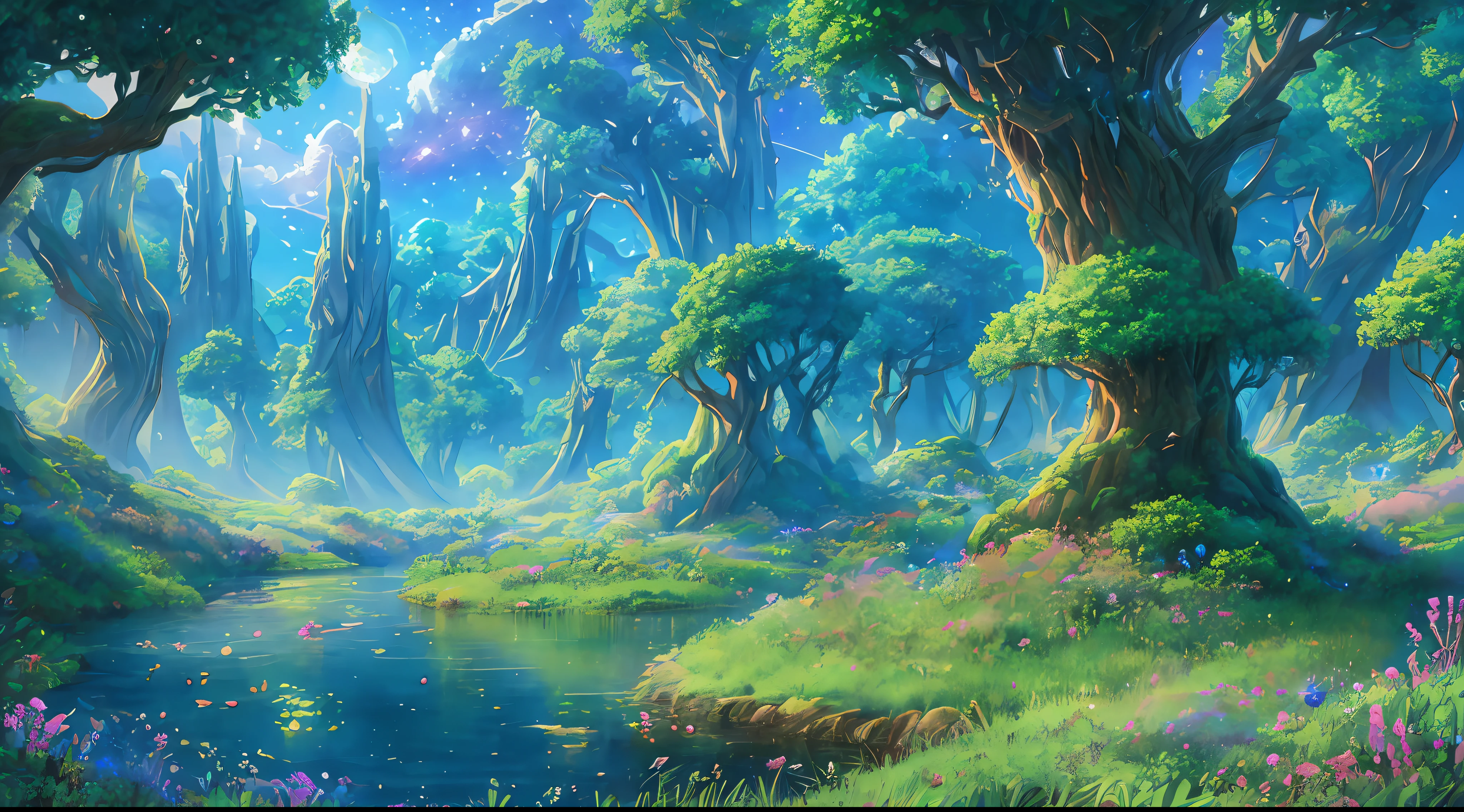 Illustration of a surreal, otherworldly, hyper sky scene including a giant crystal tree full body, highly detailed and magical lighting, intricate forest details, vegetation and surrounding river, solar punk, landscape, giant tree , beautiful green leaves, beautiful lighting and realistic proportions, as if this is a movie background, 8k, highest quality, masterpiece, clouds and stars in the sky.