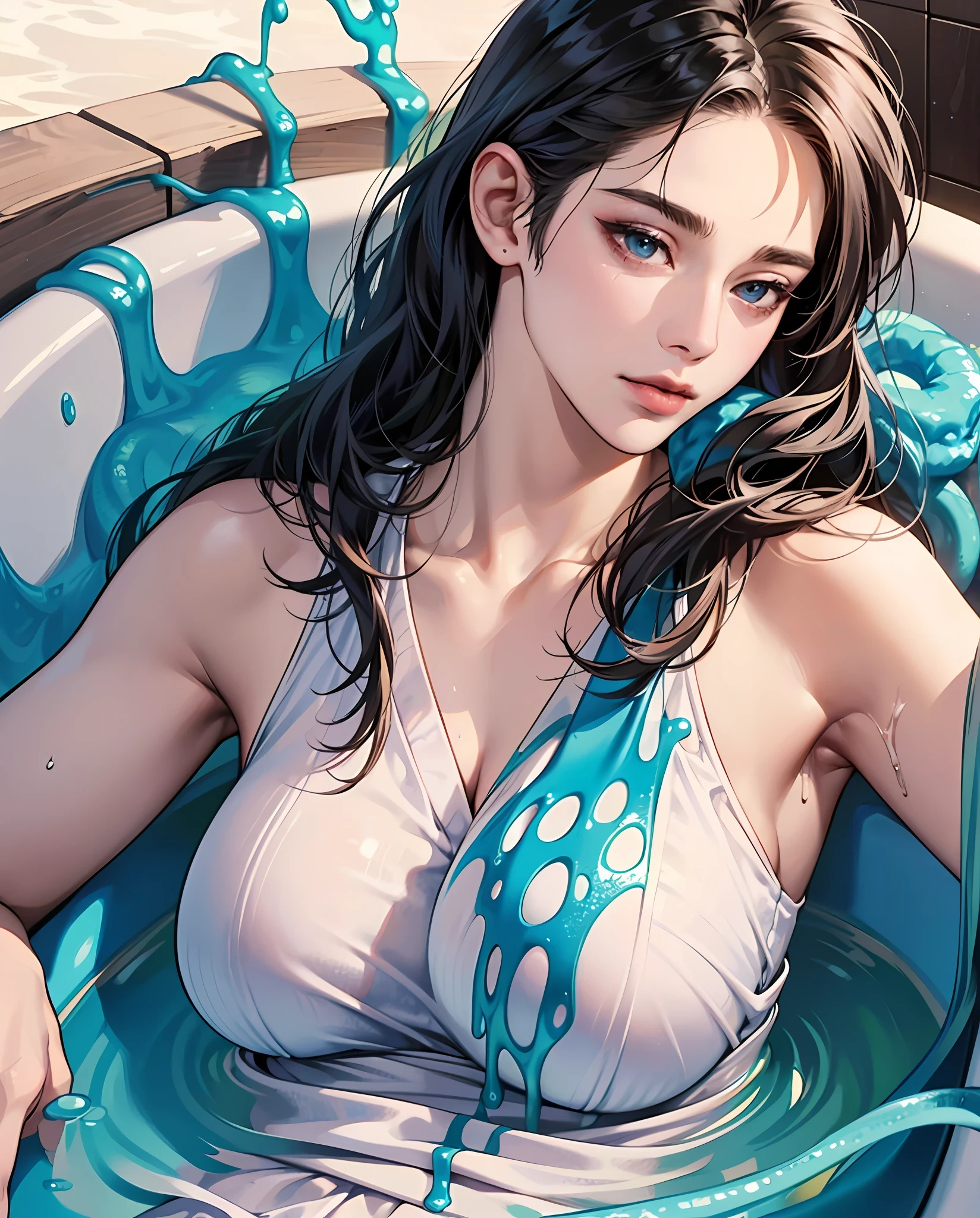 (high quality 8K anime), (two heads conjoined), hermaphrodite, twink male body, male short hair, (Photorealism), masterpiece, best quality, portrait, Perfect underarmpit, fishnet clothing, (Japanese KPOP idol:1.2), (realistic beautiful Asian),  close up and soft up to everything,  (plump body), spot light, super pale skin, dark make up, sharp focus, detailed anatomy, ultra-wonderful face detail, (his deep drippy blue colored melting  slime body under the coat), 39 years old, a hot wet erotic blue colored slime super idol, with a ultra-cute face of a Japanese-Korean emo young idol, (ultra-detailed eyes), (ultra-detailed skin), (super melting honey hair), laying in a bath pool full of blue slime, (drippy melting body), (hyper huge erotic breasts), super wide wet juicy sexy red lips, soft light, perfect yaoi face, photorealistic, correct fingers, the light is very bright, hypermaximalist style: realistic, photorealism, photography