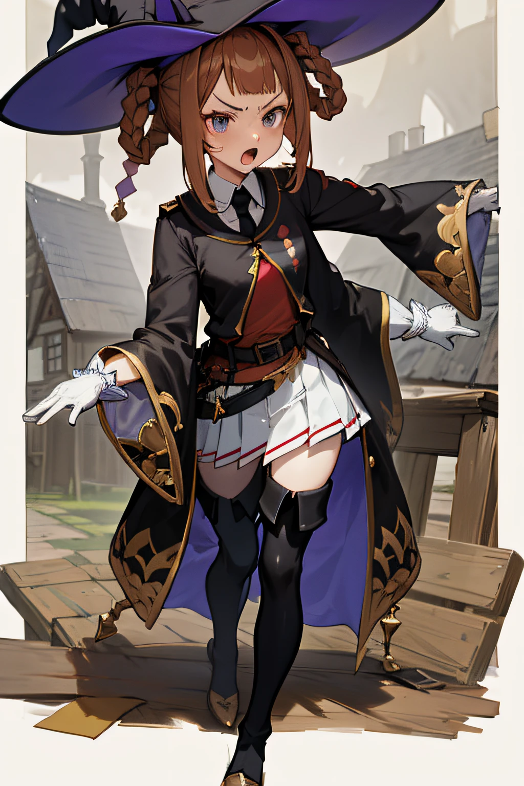 masterpiece, high detail, detailed hands,
stand, rage, fluctuate,  spoiled child, witch's house, portrait,
sweep tosho \(umamusume\),witch hat, black headwear, black necktie, collared shirt, red shirt, white gloves, wide sleeves, black jacket, black robe, buckle, belt, white skirt, pleated skirt, black thighhighs, thigh boots, black footwear, high heel boots