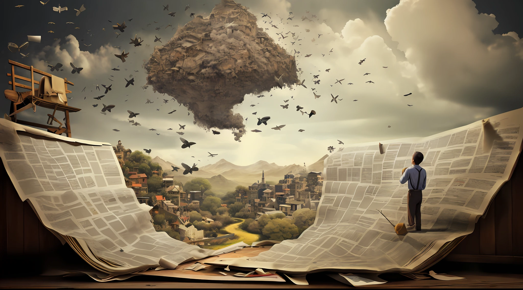 There was a man standing on the windowsill reading a newspaper, photo - manipulation, Surreal photo, photo manipulation, surrealistic digital artwork, surreal matte painting, photomanipulation, surreal 3 d render, amazing wallpapers, iintricate、Epic composition, matte painting of human mind, sylvain sarrailh and igor morski, magic realism matte painting, hyper-realistic illustration