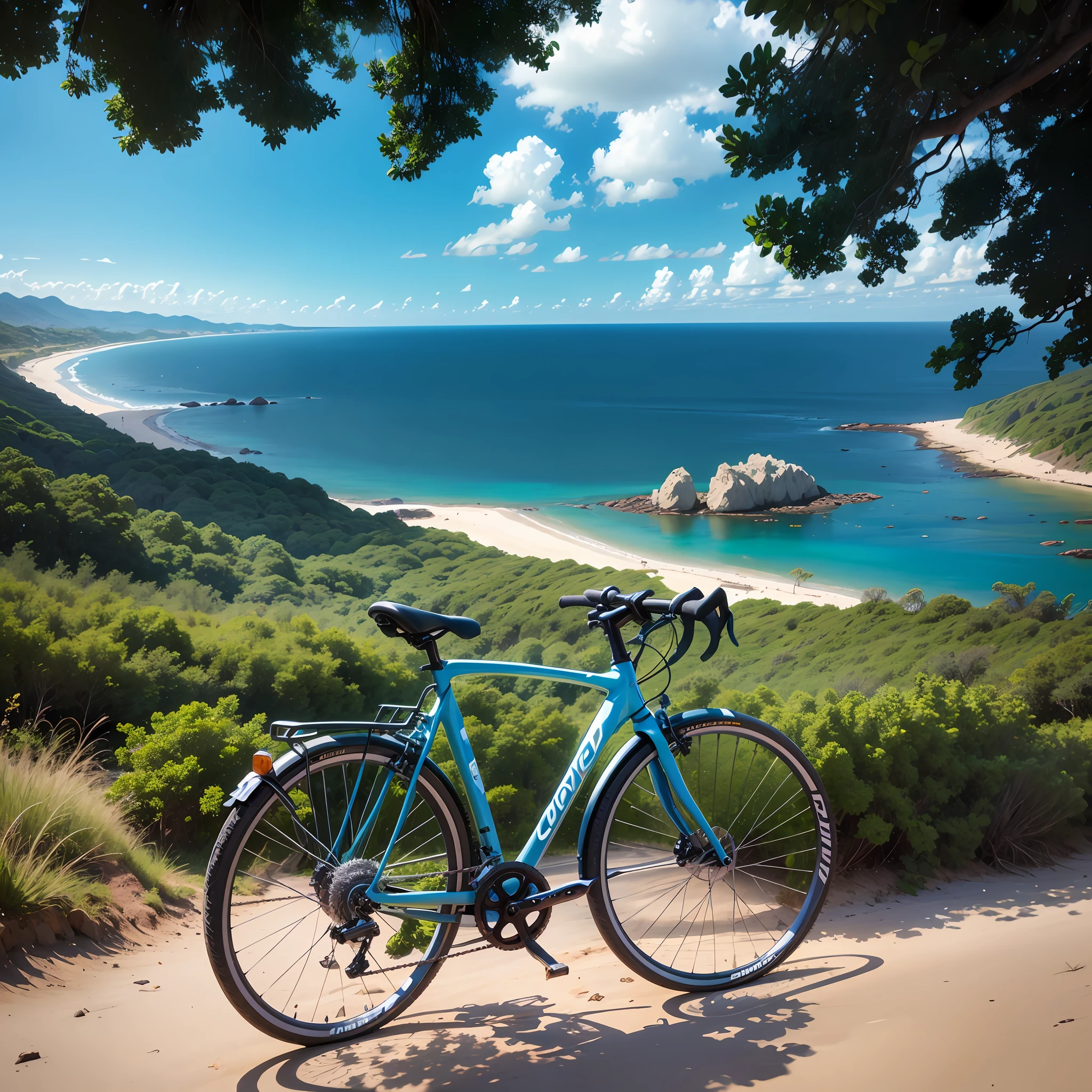 Desenho realista de bicicleta estacionada em uma praia com vista para o oceano, com uma cidade em segundo plano, Paisagem do Sri Lanka, bicicleta no fundo, vista para milhas, Selvas ao fundo, com vista para o oceano, in a scenic background, em um penhasco, com a terra ao fundo, Belas vistas, com vista para a praia, great view, O oceano ao fundo --auto --s2