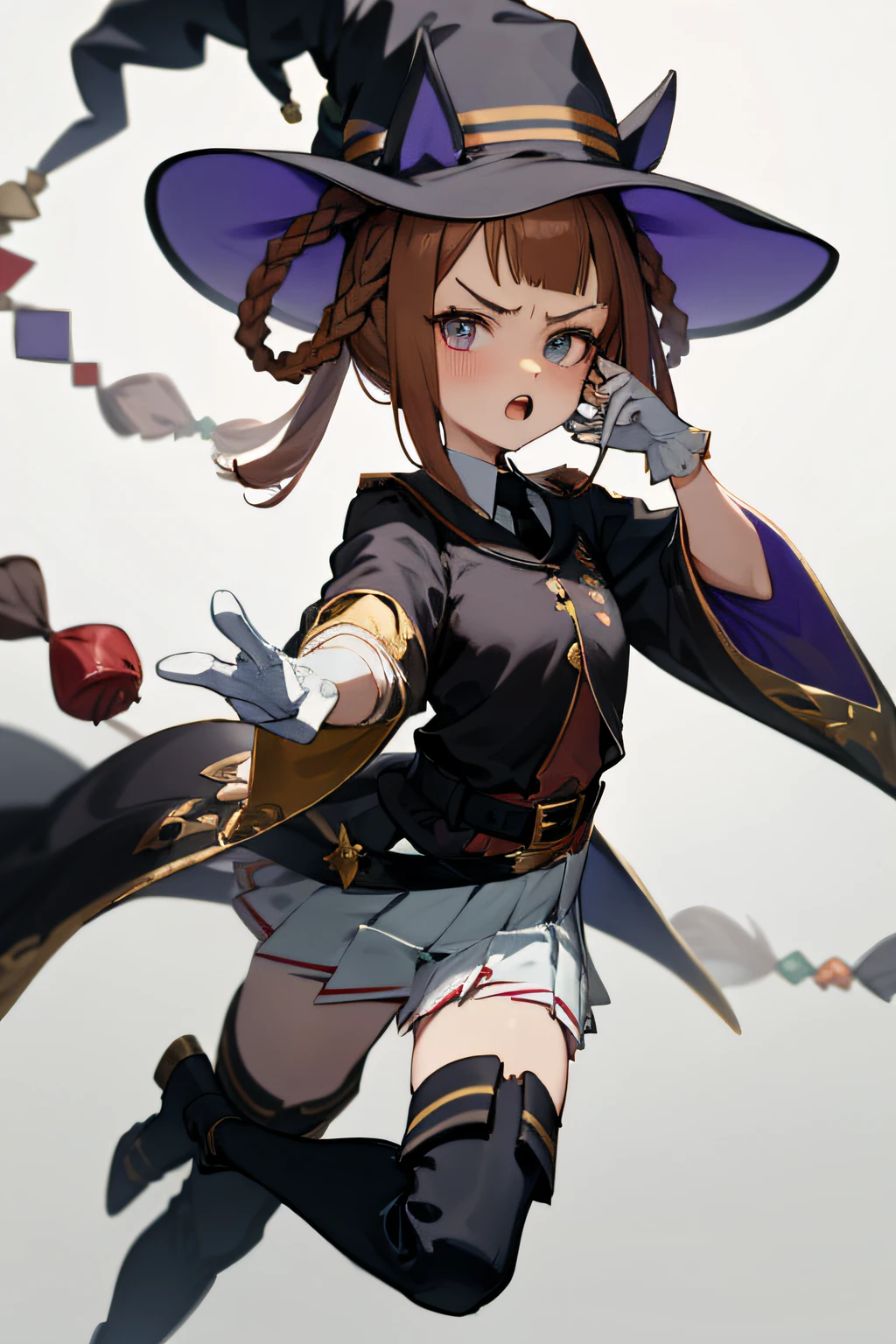 masterpiece, high detail, detailed hands,
stand, rage, fluctuate,  spoiled child, witch's house, portrait,
sweep tosho \(umamusume\),witch hat, black headwear, black necktie, collared shirt, red shirt, white gloves, wide sleeves, black jacket, black robe, buckle, belt, white skirt, pleated skirt, black thighhighs, thigh boots, black footwear, high heel boots