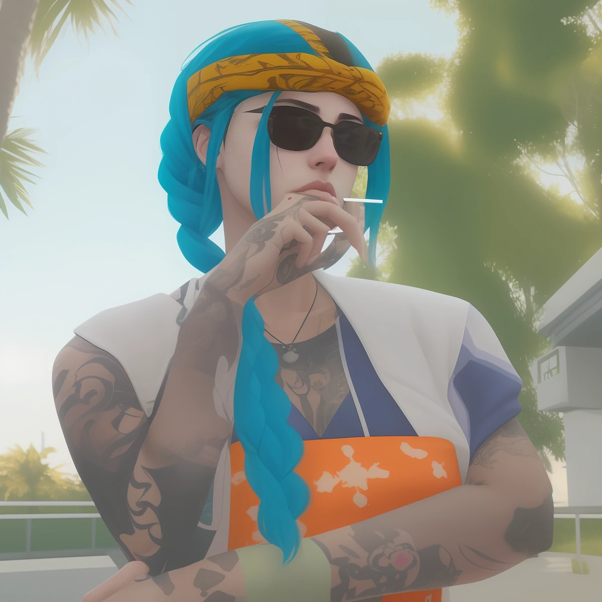 mulher arafed com cabelo azul e tatuagens fumando um cigarro, assemelhando-se a uma mistura de grimes, parece uma mistura de grimes, parece uma mistura de grimes, gta personagem, como um personagem de gtav, Estilo de GTA V, realismo artstyle, Avatar do Second Life, Overlord Billie Eilish, gta vice estilo da cidade, 🥥 🍕 Hibrido --auto
