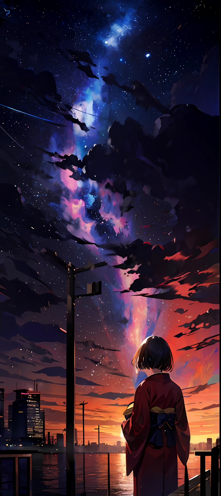 1girl，A girl in a kimono gazing at a distant house，（zoomout：1.1），（meteor shower：1.2），（comets：1.ur name，low angles，From behind，meteors，bathrobe，red kimono，SakuraNS，Stand on a tall building，Best quality at best，tmasterpiece，​​clouds，Colorful，Starry，As estrelas，