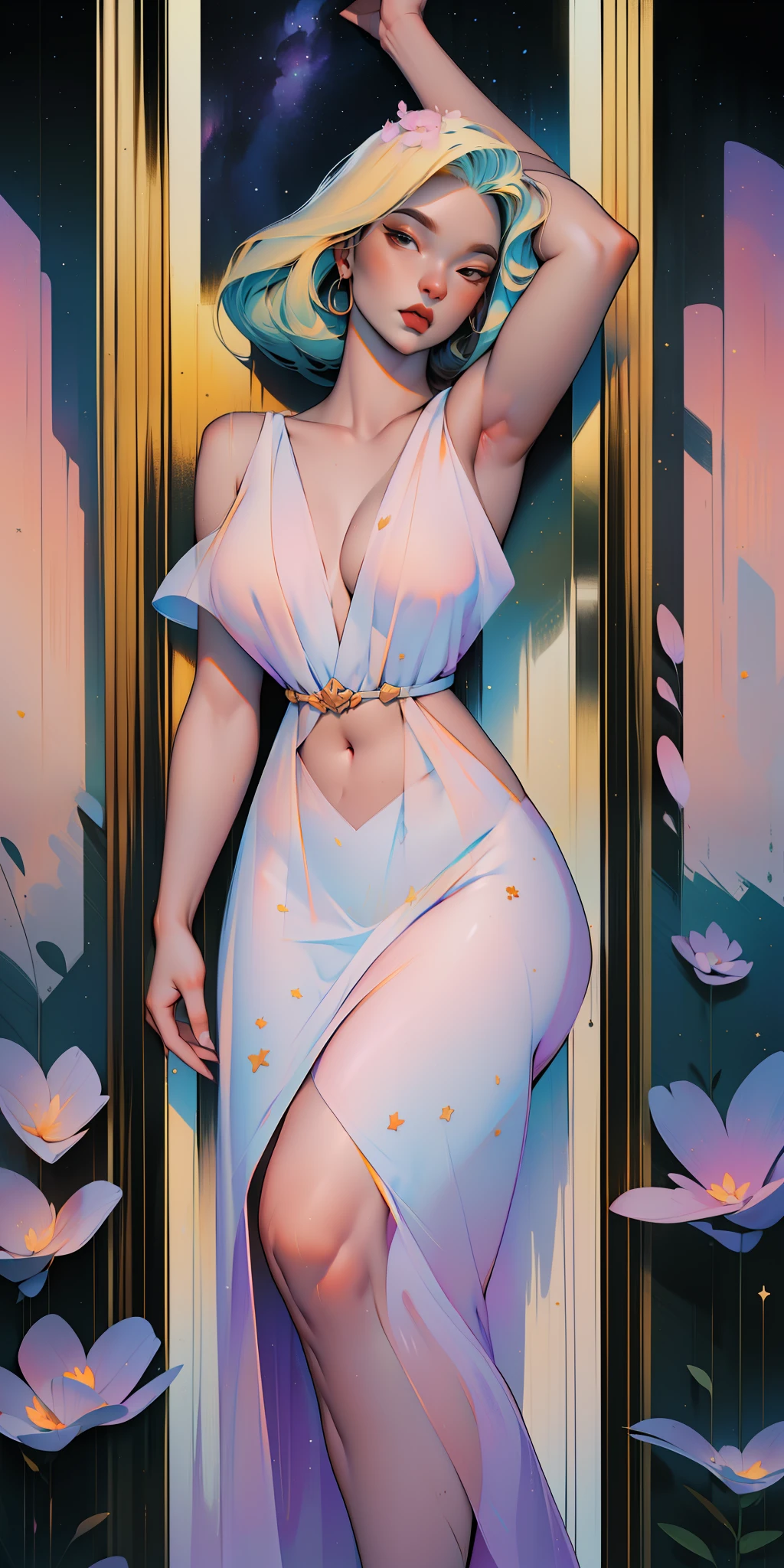 Professional,abstract beauty,approaching perfection,dynamic,Highly detailed,digitalpainting,Artstation,Concept art,Smooth,sharp-focus,illustartion,Artists: by Carne Griffiths, Wadim Kashin,leonid afremov,kandinsky,Psychedelic,watercolour,crystals foil,stylish,Fantastic,a gold,colorful neon, s face, waist-high, portraite of a, up close, near, queen, a goddess, A glorious sunrise, aura, Glow, multi-colored bright aurora borealis, Spectrum Rainbow,Colored feathers, In a chic, lavender white mint hair,  pastel, mixed-language_SMS, (beautiful and clear background:1.2),, fantastic paintings , high detailed eyes, crystals, The Space of the Northern Lights, galaxy, Gorgeous hair, Plants. Loving. Love. ultra detail hair, Best Quality, hiquality, hight resolution, detail enhancement, ((most beautiful image in the world)), Masterpiece, Best Quality, High Quality Detail Enhancement, ((most beautiful image ), Shiny hair, Ultra chic, Topless, naked body, curvy chic body, Stampa Flores, art by stjepan sejic, art by j scott campbell, Artist Guillem March, art by citemer liu, 4k, hight resolution, comic book character, comic, high quality detailed,   style of ::2.0 comix illustration style,tatoon style, hiquality, hight resolution, detail enhancement, 8K, HD, Best Quality, hiquality, hight resolution, detail enhancement, 8K, HDR, sharp-focus, Ultra Detailed, perfect  lighting, Curvy Body, Lush big breasts, Curvy big hips, sparks, Stars, The Cycle of the Stars
