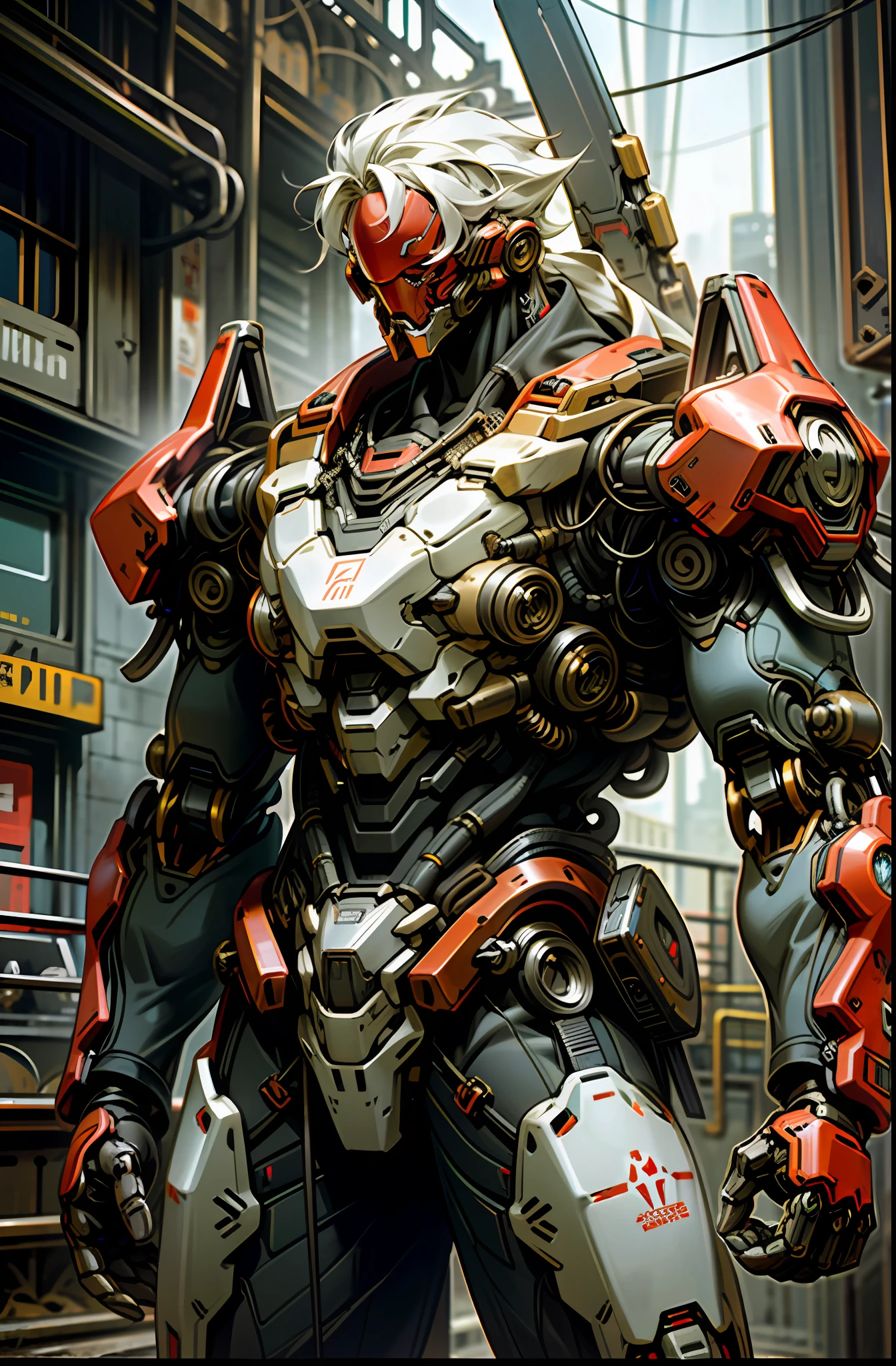 Dark_Fantasy,Cyberpunk,(chain saw,chain saw man,Red:1.1),1man,Mechanical marvel,Robotic presence,Cybernetic guardian, wearing a worn-out mech suit, intricate, (steel metal [rusty]), elegant, clear focus, shot by greg rutkowski, soft lighting, vibrant colors, masterpiece, ((street)), cowboy shot, dynamic pose,
