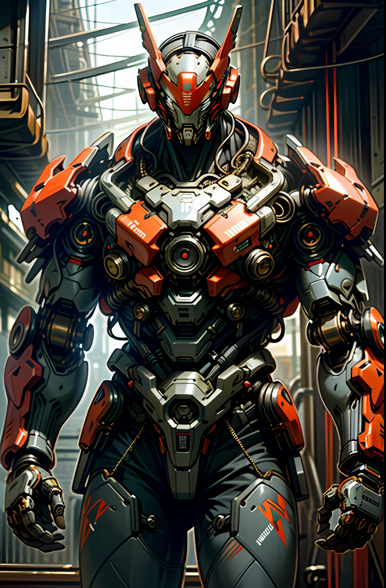 Dark_Fantasy,Cyberpunk,(chain saw,chain saw man,Red:1.1),1man,Mechanical marvel,Robotic presence,Cybernetic guardian, wearing a worn-out mech suit, intricate, (steel metal [rusty]), elegant, clear focus, shot by greg rutkowski, soft lighting, vibrant colors, masterpiece, ((street)), cowboy shot, dynamic pose,