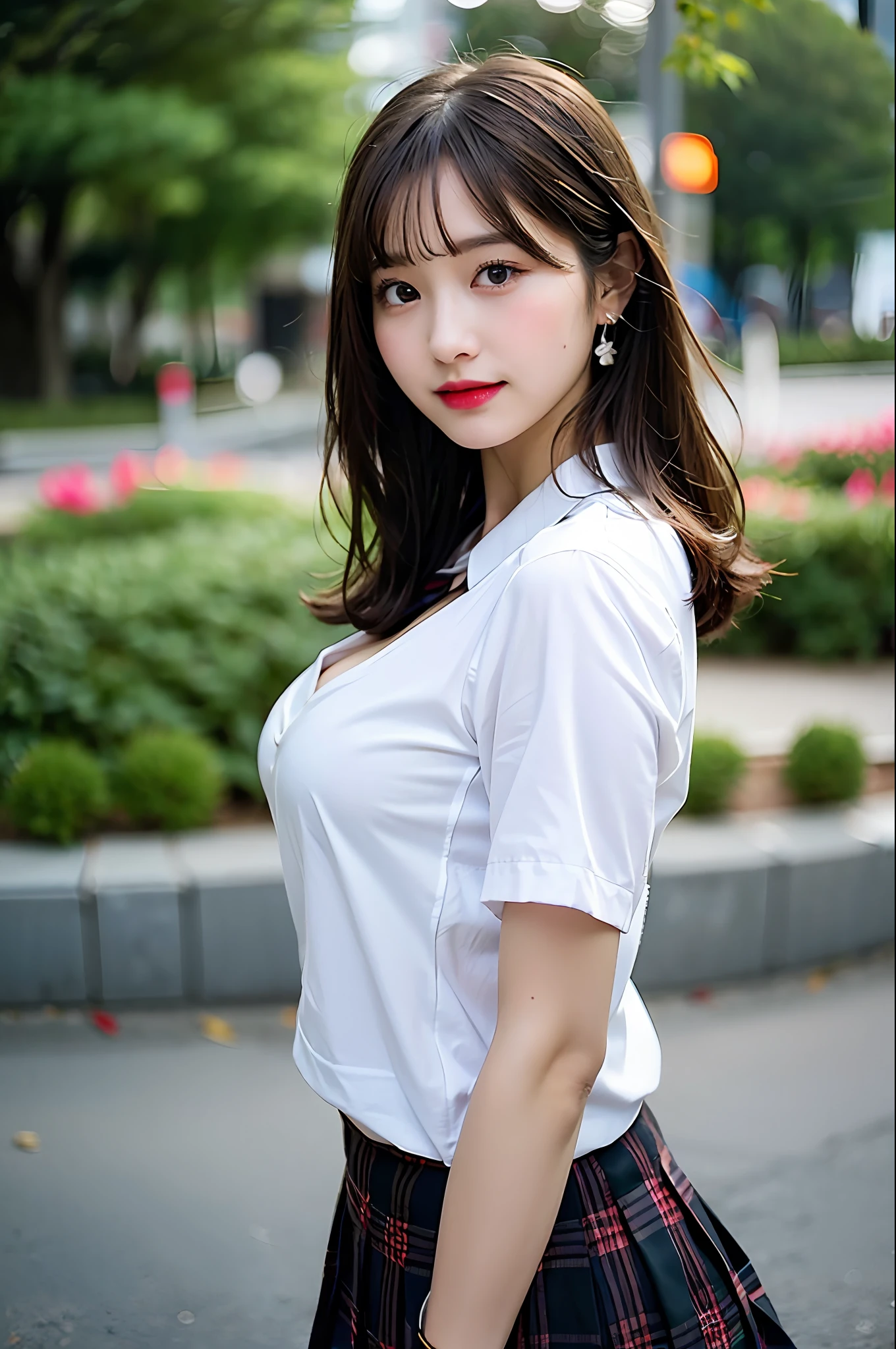 nsfw, 8K raw photo, Best quality, masterpiece, ultra high res, film grain, filmg, 1girl, looking at viewer, natural skin texture, realistic eye and face details, full lips, lipstick, (makeup), red eyeshadow, fluffy short hair, messy hair, smile, close mouth, beautiful legs, tall female, skinny, slim_legs, solo, enormous breast, cleavage, Pose with buttocks facing you, ultra short skirt, ass, shirt, beautiful nature location, around flower location, (detailed background), plaid skirt, white shirt, enormous breast, cleavage, Show a little cleavage through the shirt, loafers, blurry background, blurry, holding, plaid, short sleeves, jk ribbon on the neck, jk ribbon, brown hair, bracelet, water, bangs, school uniform, jewelry, parted lips, lips, from side, pleated skirt, depth of field