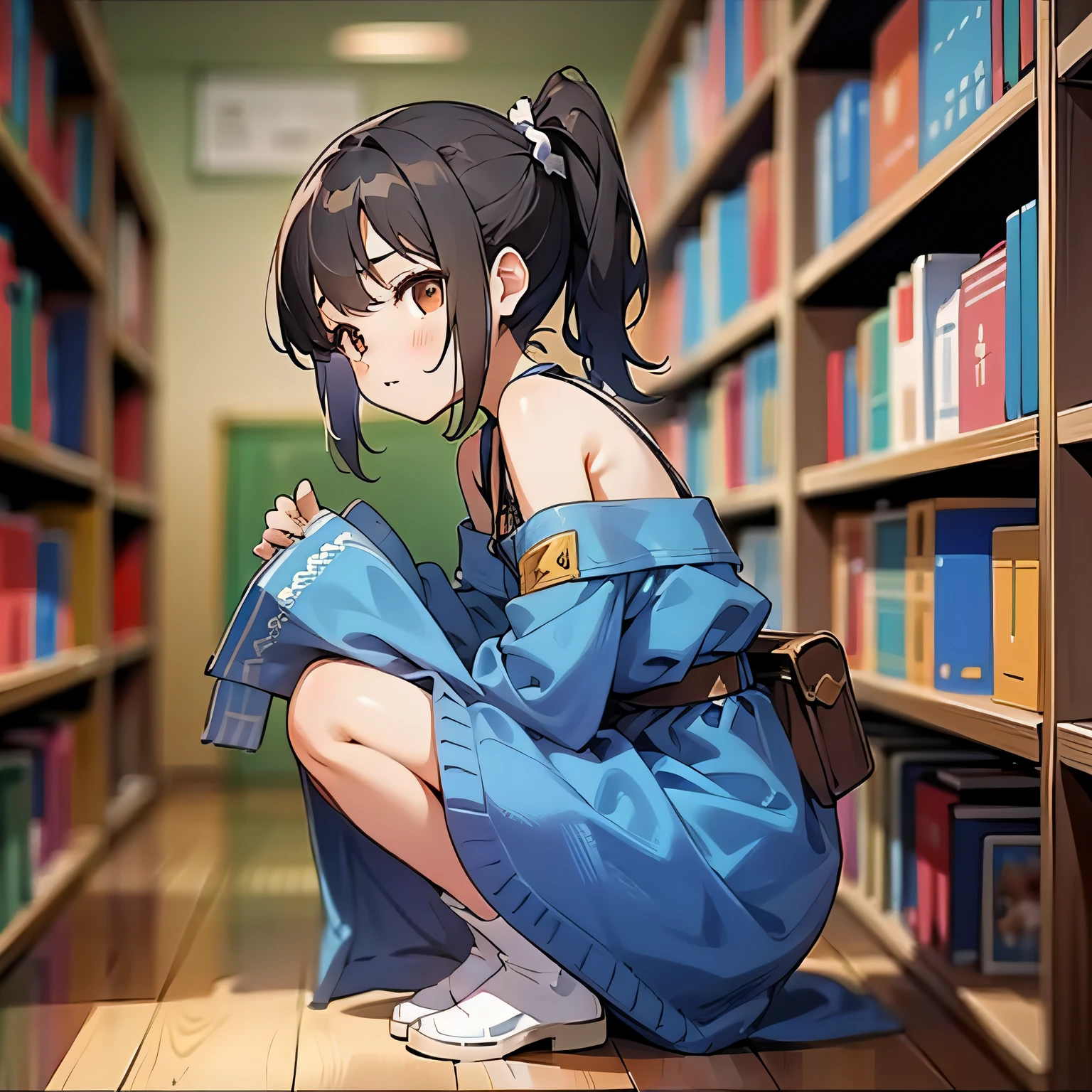 best quality,ultra detailed,
(girl ,10 years old, loli, small_breasts),
black hair,side ponytail,brown eyes,baby face,
sleeve less,wearing right blue dress with shoulder straps,
random cotton panties,
squatting,Knees up behind bookshelf,
(looking for something:1.2),
,bookstore,
break,
(looking away:1.4),
dynamic angle,pov,
ground-level ,from front,
looking at books