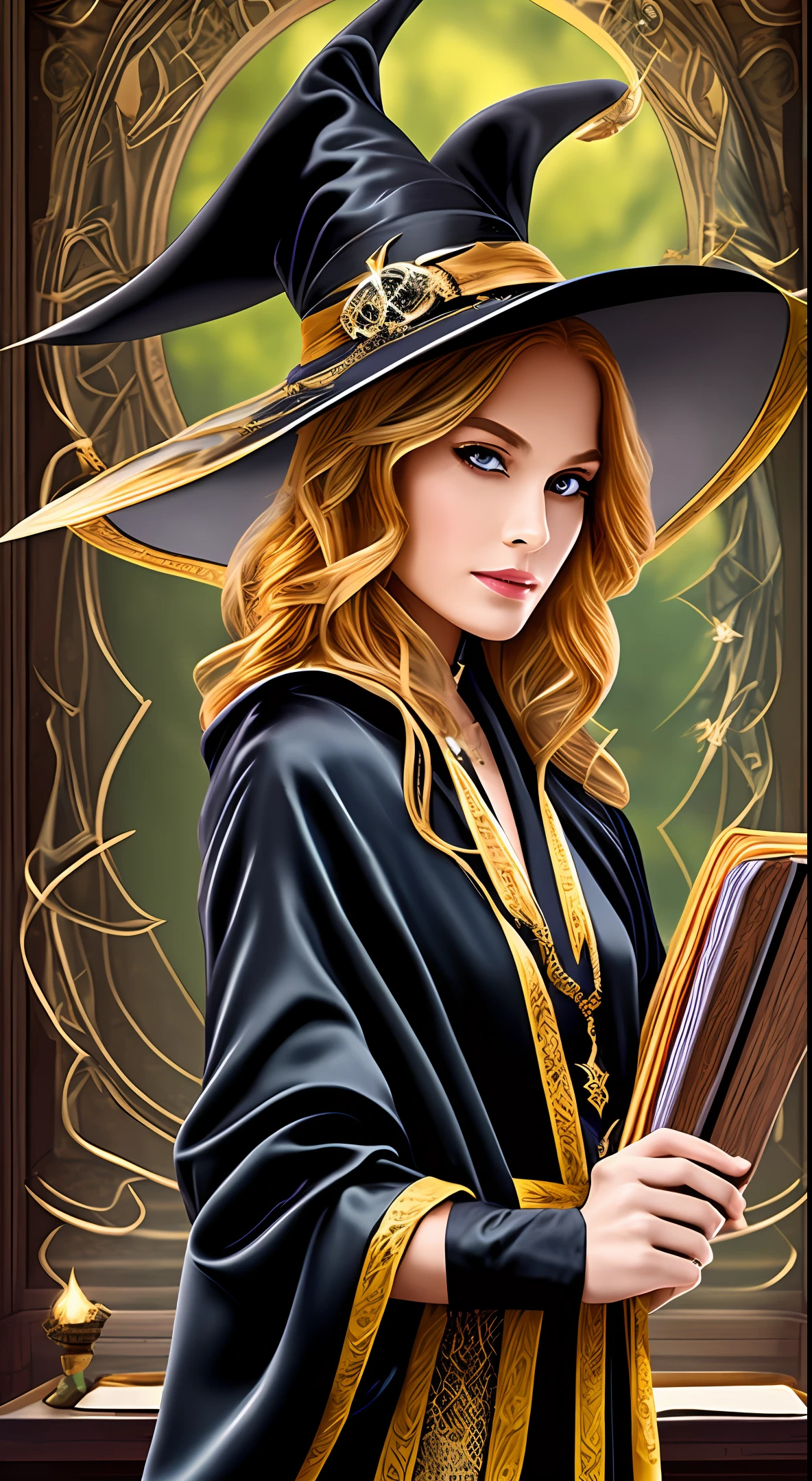 A supreme witch, with a hat, black silk robes, holding a magical book, and a wand for magic casting, standing in the classroom. --auto --s2