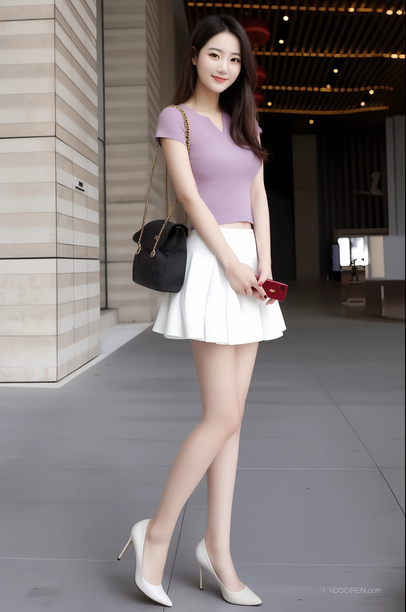 araffe woman in a short skirt and a pink top is posing for a picture, korean women's fashion model, wearing white skirt, white miniskirt, short skirt length, beautiful short skirt, wearing tight simple clothes, white skirt, mini-skirt, full body cute young lady, short skirt, very beautiful slim legs, good hips and long legs