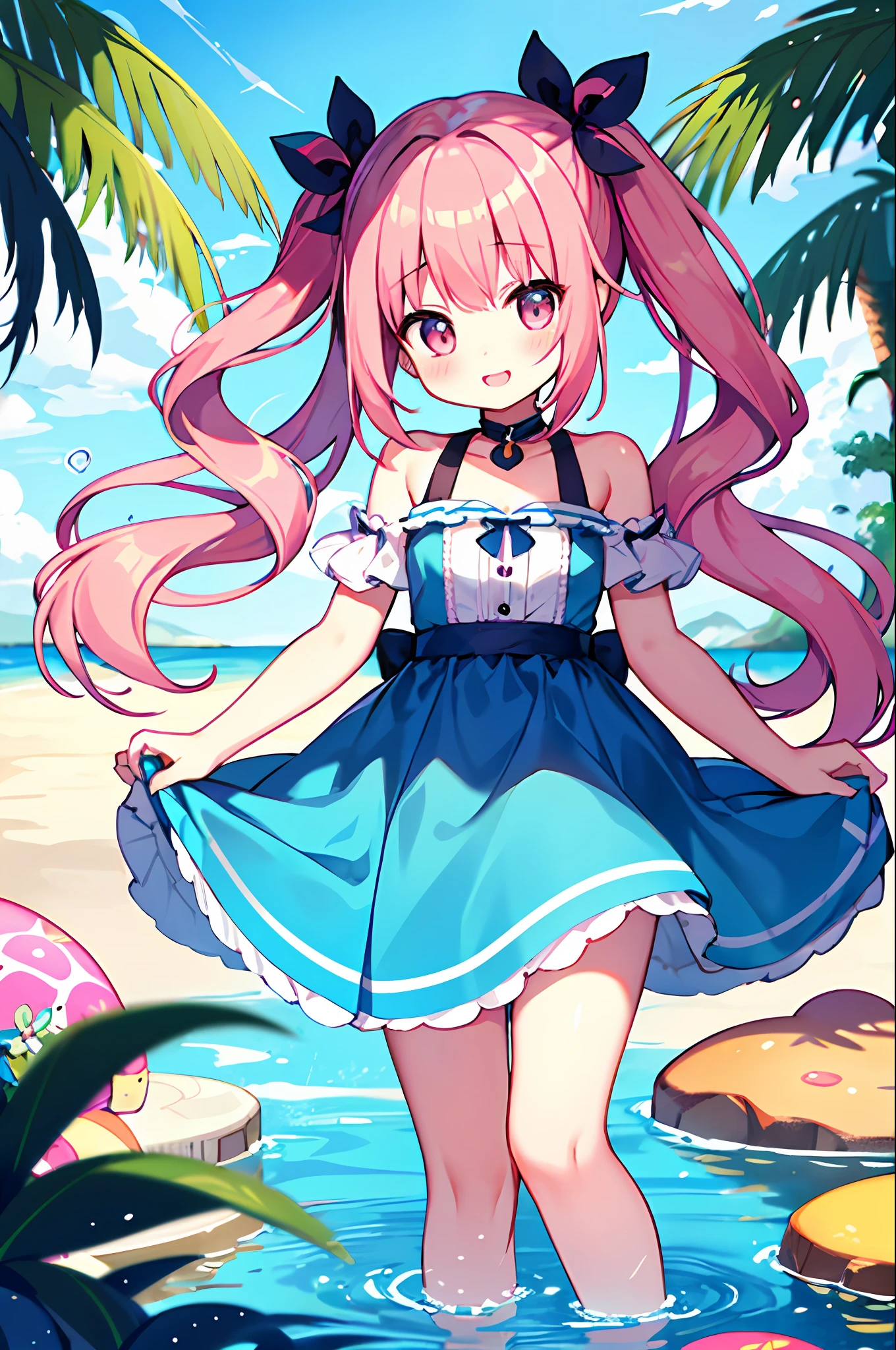 (masterpiece、top-quality)、cute little、Pink half twin tails、elementary student、onepiece、bow ribbon、Pink hair、Beautiful water surface、Beautiful water surface、Standing on the surface of the water