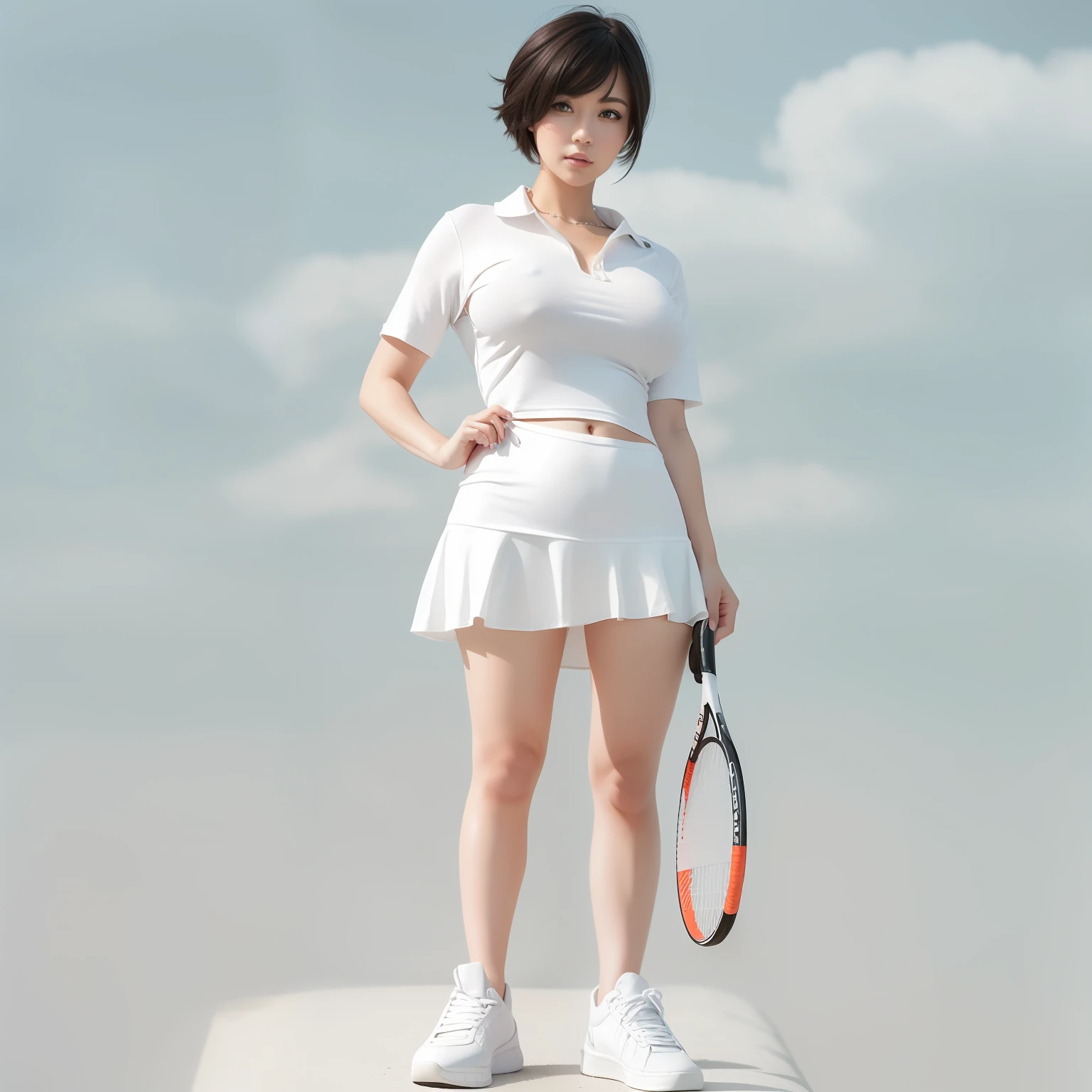 1 Mature Woman Solo, White polo shirt, White sneakers, tennis wear, white mini-skirt, tmasterpiece, Best quality at best, realisticlying, ultra - detailed, (shiny skins, perspired:1.4), absurderes, looking at viewert, with short black hair, with brown eye,slenderness,Dynamic light and shadow,A high resolution,Sharp focus,depth of fields,The eyes are delicate,Sharp pupils,pupil realistic,(extremely large bosom:1.6),(Thigh thick:1.0),exteriors,Skysky