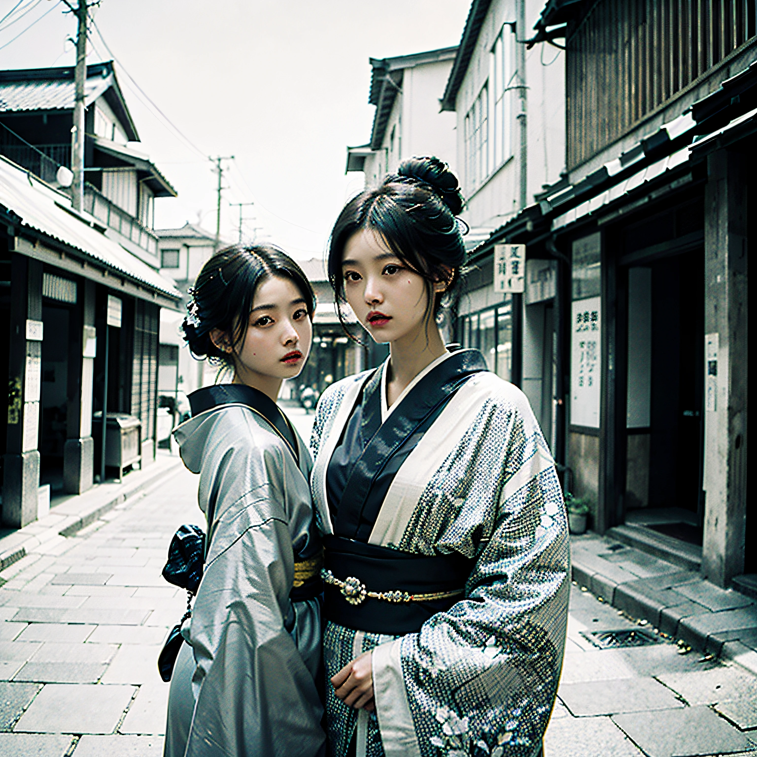 Street Snap、(Beautiful girl with black hair up in kimono)、Taisho Era、black-and-white、monochromes、Sepia-colored memories photo style that feels the times、Burnt feeling like an old photo、​masterpiece、realisitic