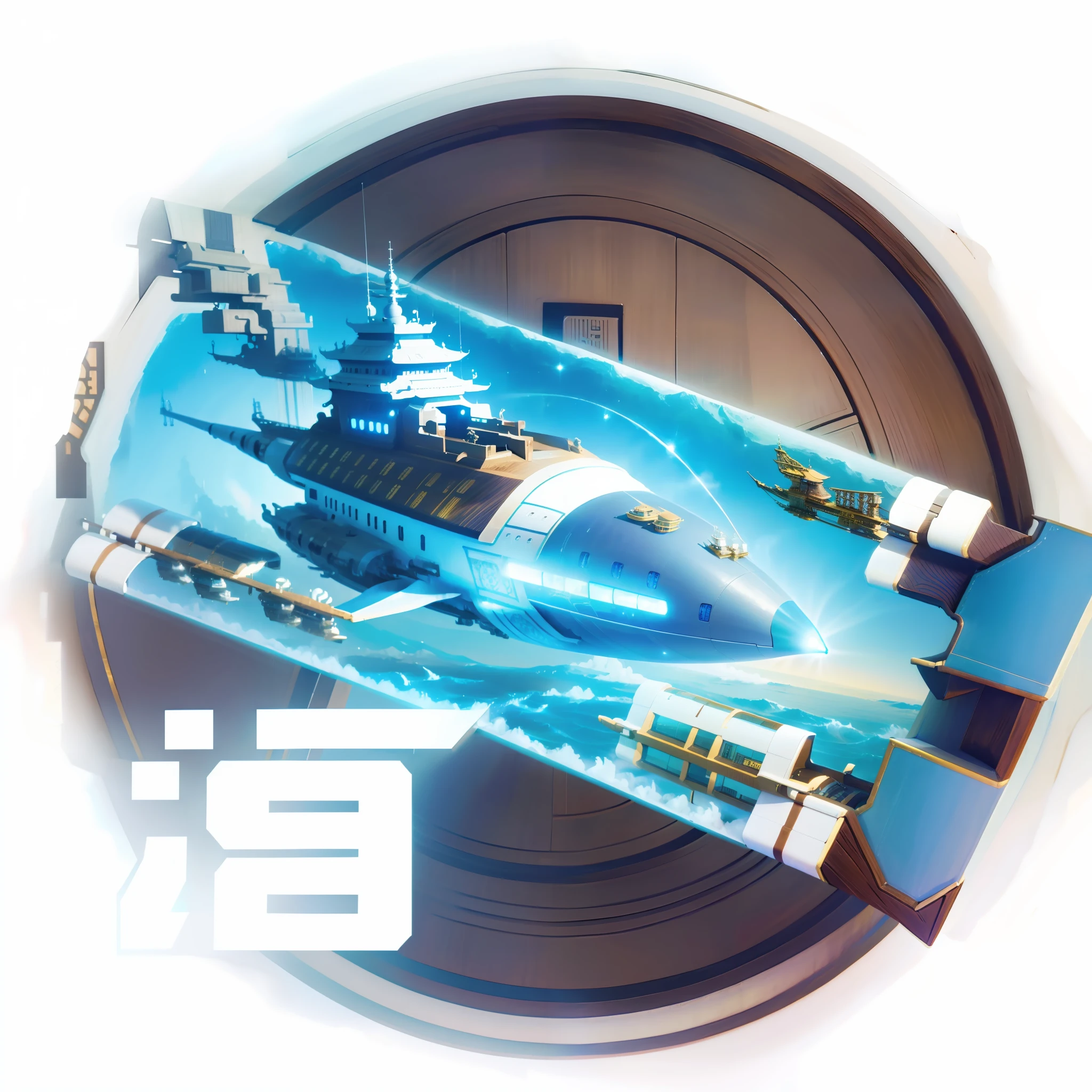 A huge spaceship travels through space，Full of sacredness and majesty，It has a distinct Chinese flavor，Several small boats flew by，The hull has a large number of ornaments，Extremely detailed，SENSE OF CINEMA。
