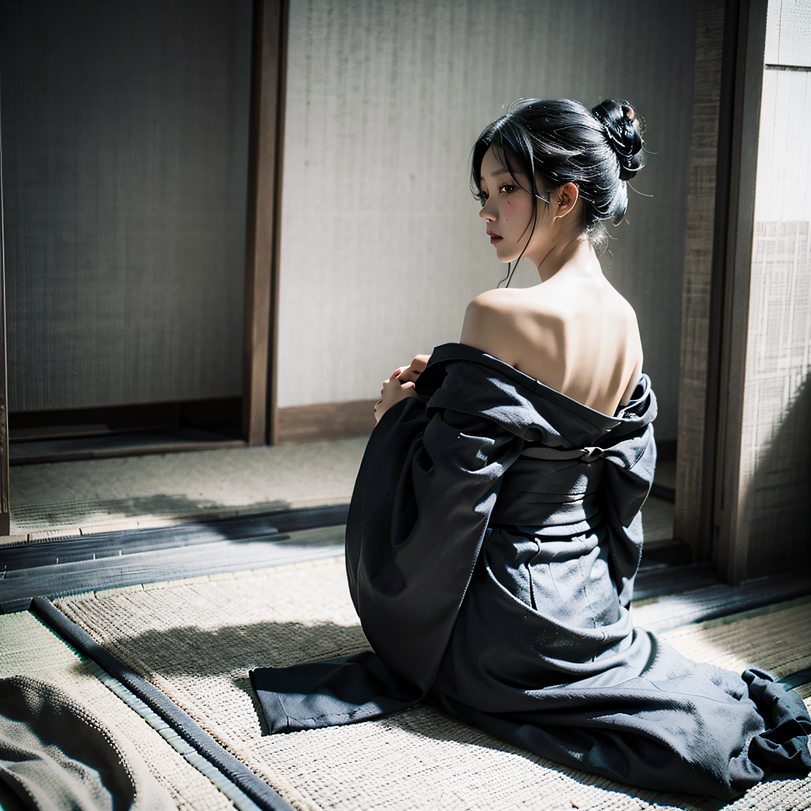 Street Snap、(Beautiful girl with black hair up in kimono)、Taisho Era、black-and-white、monochromes、Sepia-colored memories photo style that feels the times、Burnt feeling like an old photo、​masterpiece、realisitic