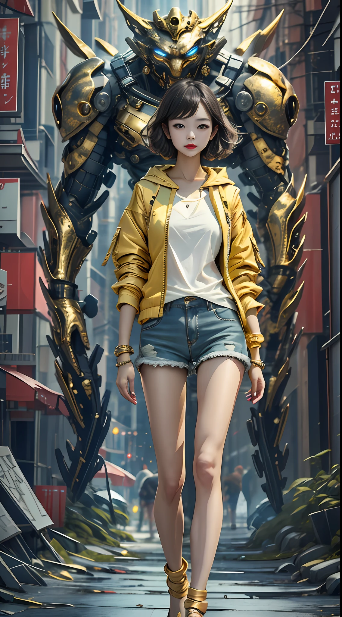 boutique、top-quality、gold jewerly、(Slip-out feet)、Fairy skin、(fidelity:1.2)、is standing、ultra-detailliert、realisitic、hightquality、Movie Light、Ray Tracking、Ulutra HD、Upper body
Girl in shorts and jacket、Artwork in the style of Gwise